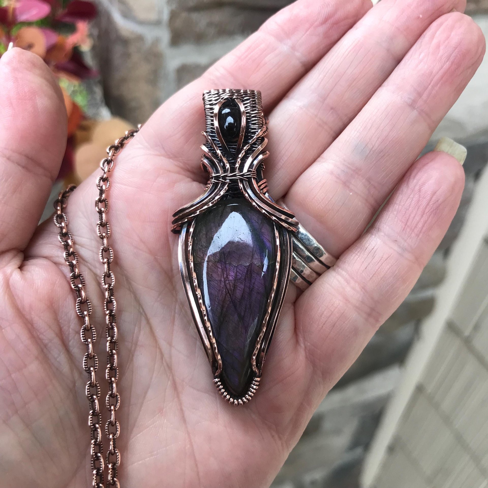SOLD - Purple Maroon Labradorite & Garnet Copper Pendant with Weaving