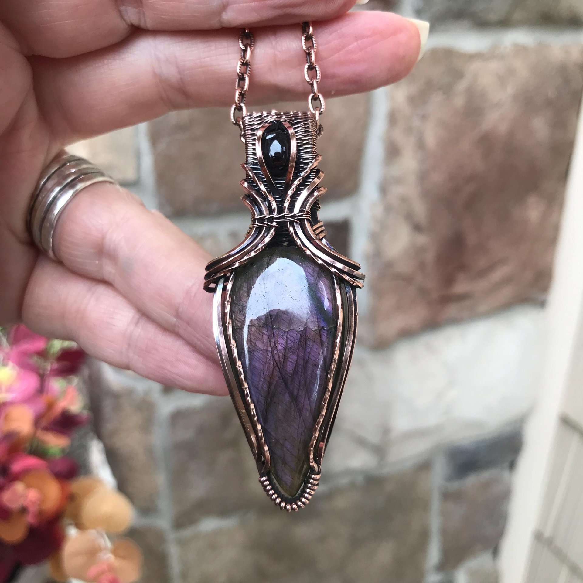 SOLD - Purple Maroon Labradorite & Garnet Copper Pendant with Weaving
