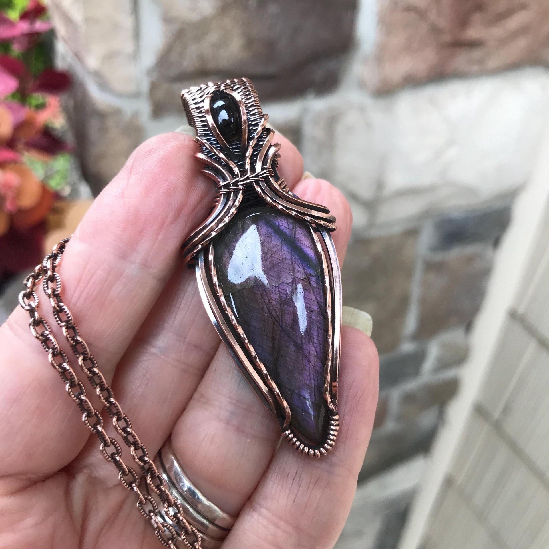 SOLD - Purple Maroon Labradorite & Garnet Copper Pendant with Weaving