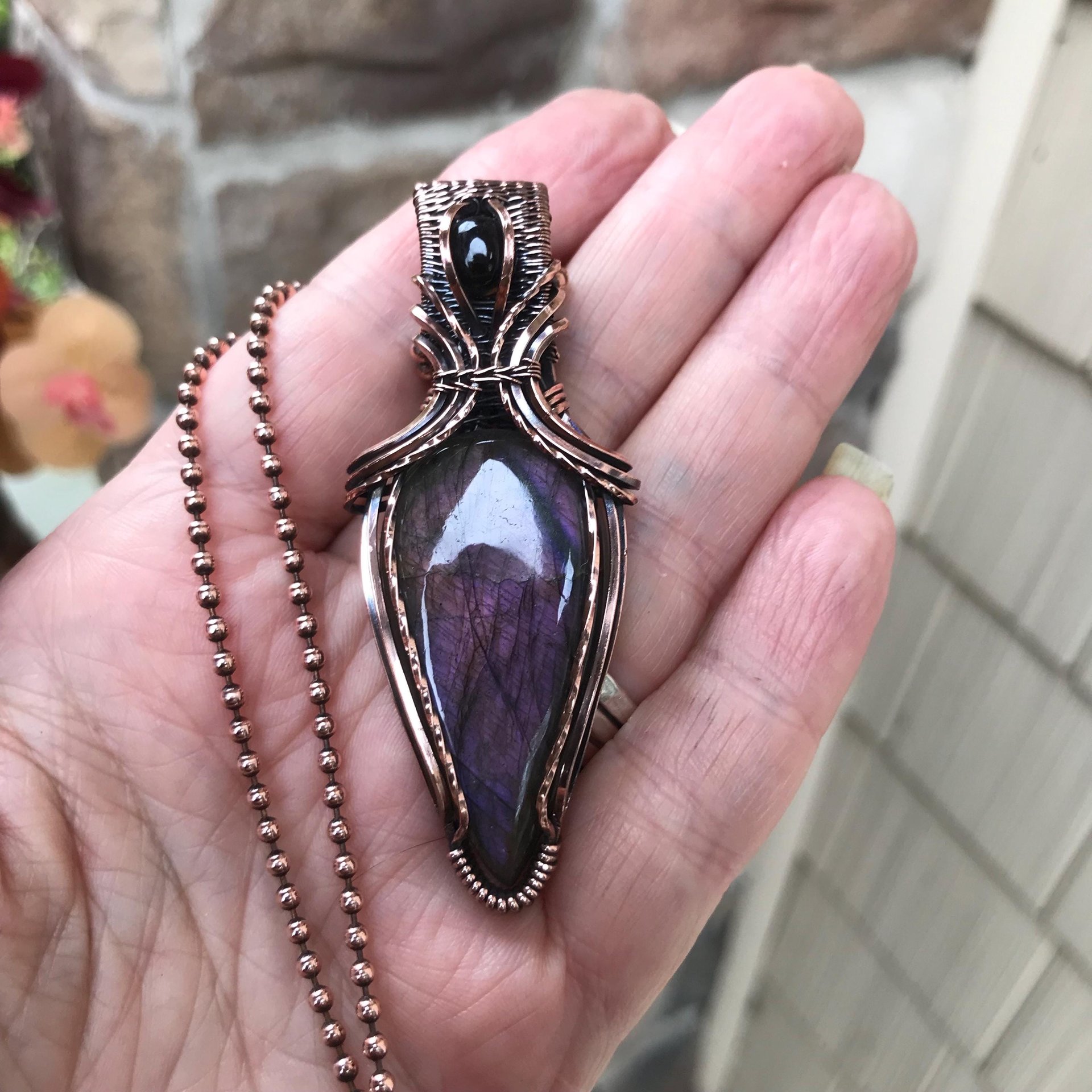 SOLD - Purple Maroon Labradorite & Garnet Copper Pendant with Weaving