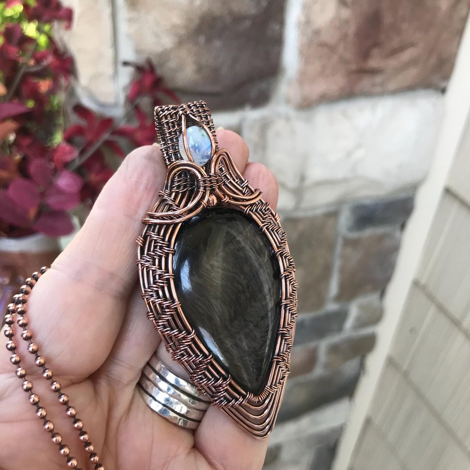 Hypersthene & Moonstone Woven Copper Pendant