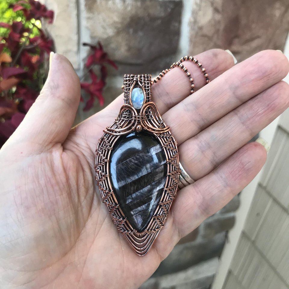 Hypersthene & Moonstone Woven Copper Pendant