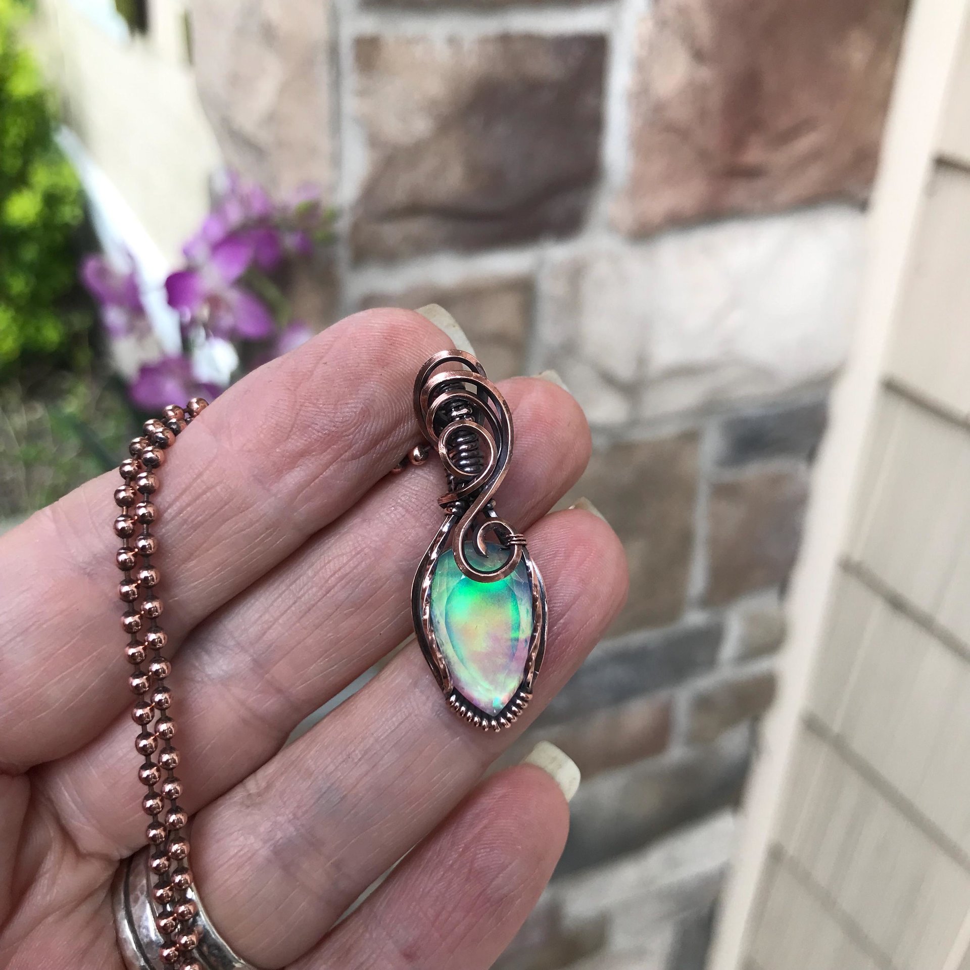Aurora Opal Green Pink Copper Necklace
