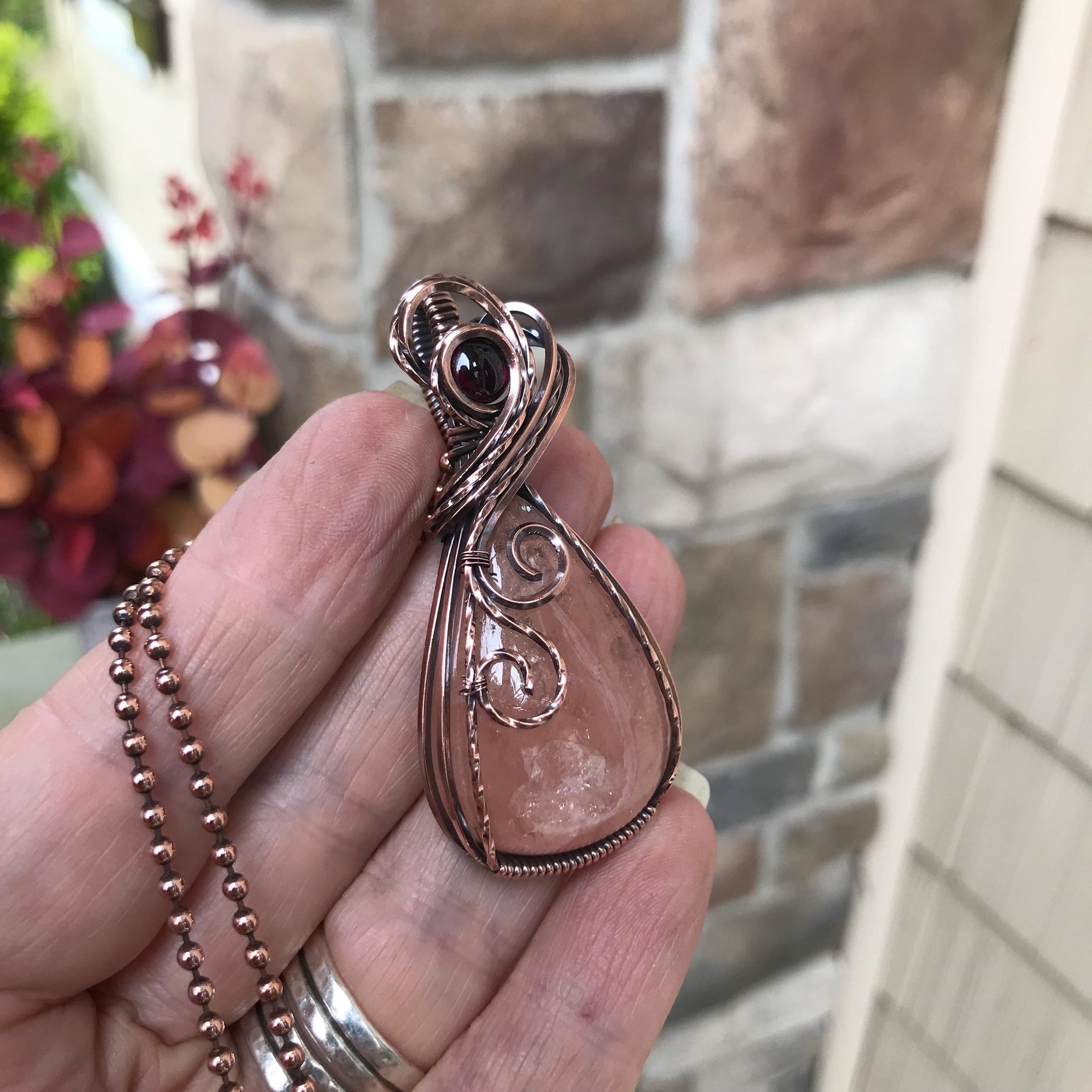 Morganite & Garnet Swirly Copper Necklace