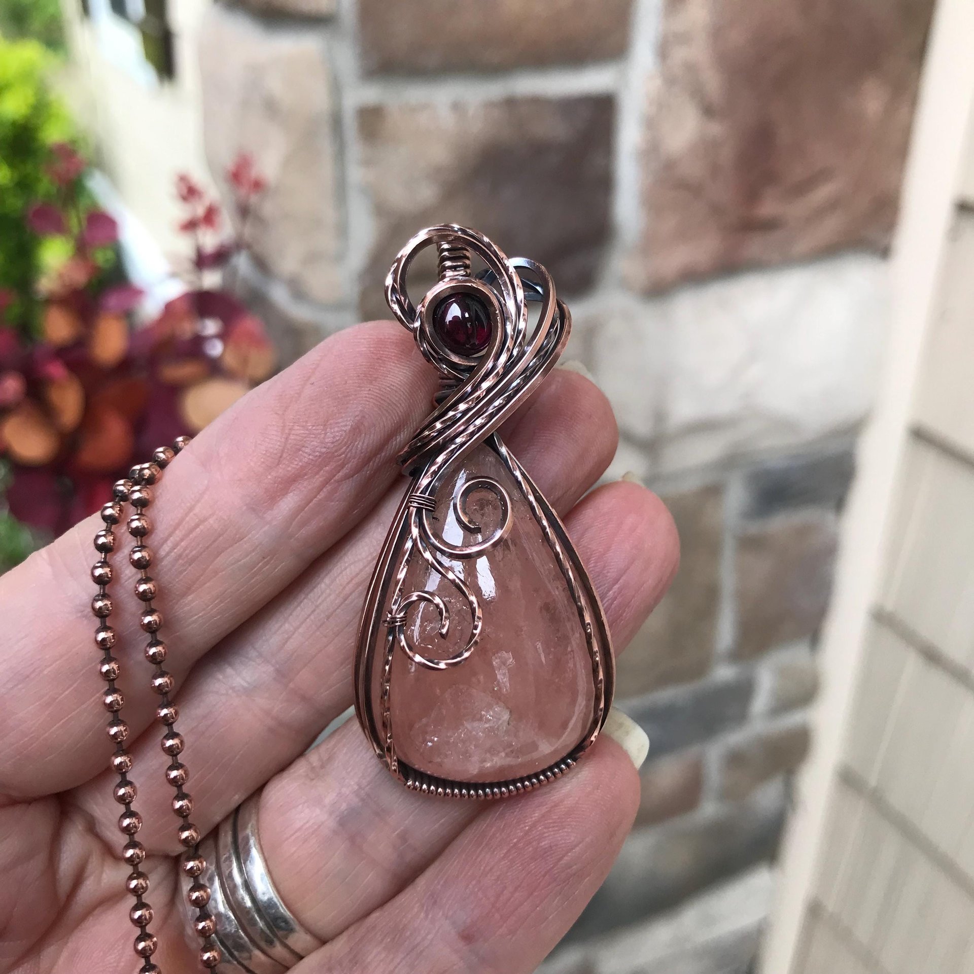 Morganite & Garnet Swirly Copper Necklace