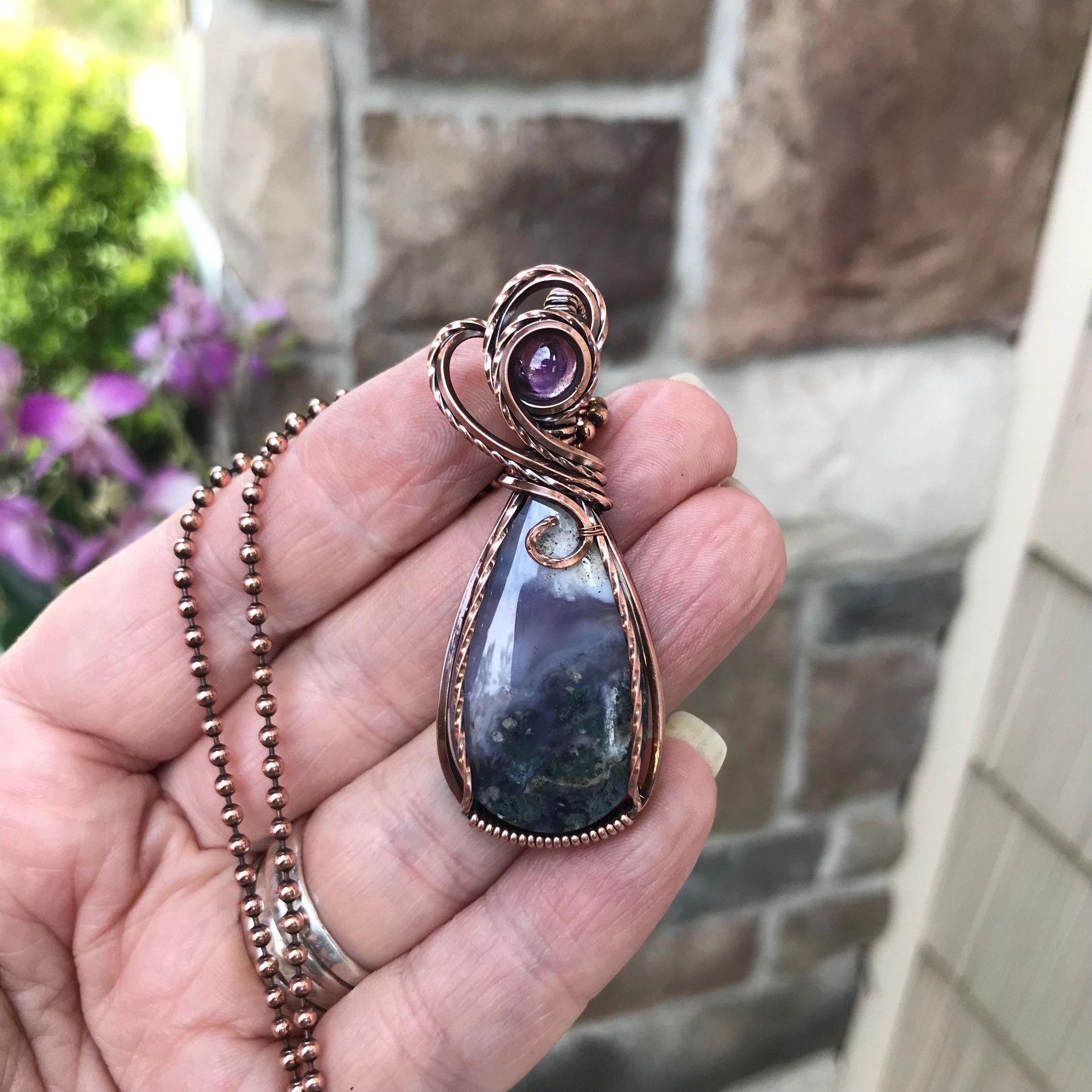 Moss Agate Chalcedony & Amethyst Copper Necklace