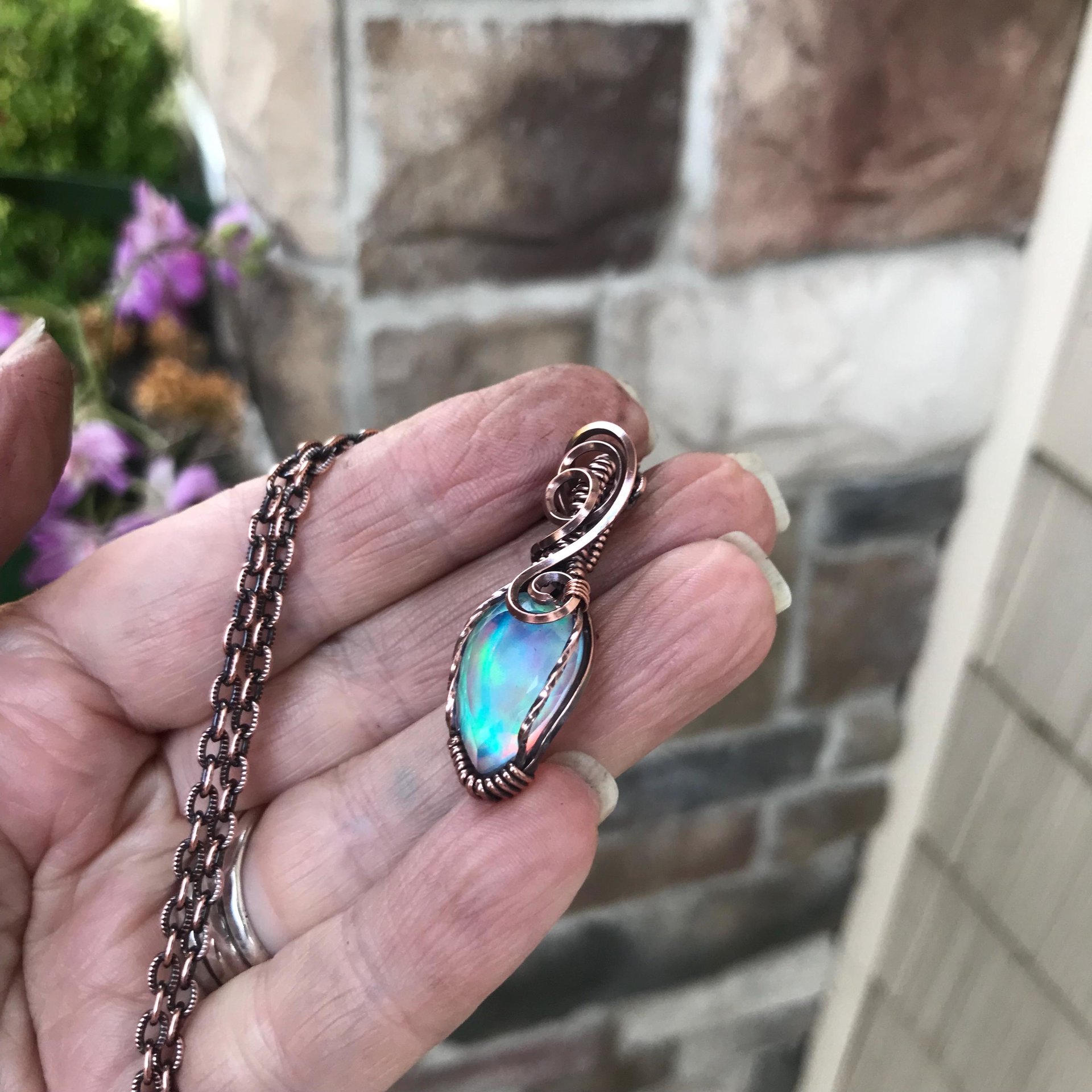 Aurora Opal Green Pink Copper Necklace