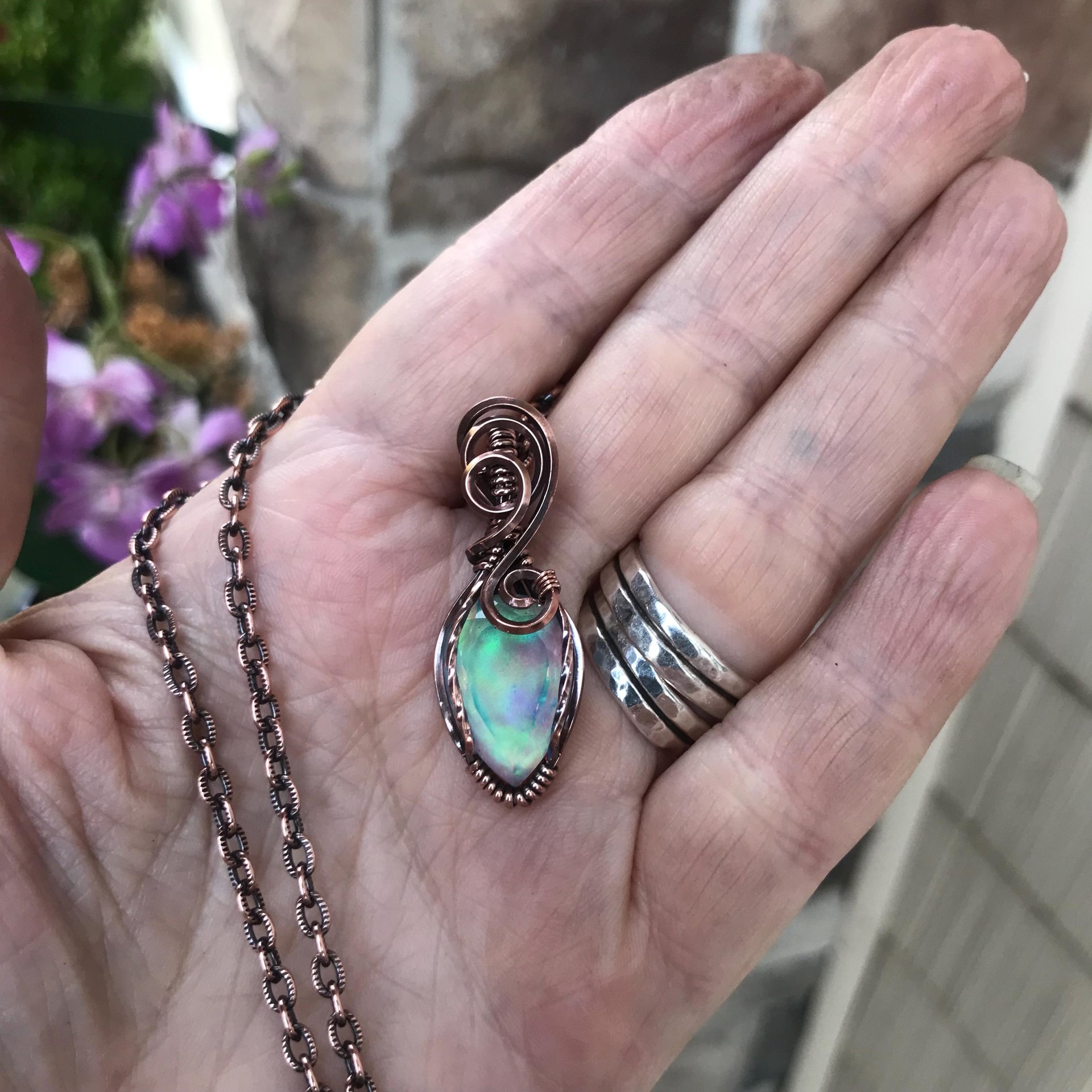 Aurora Opal Green Pink Copper Necklace