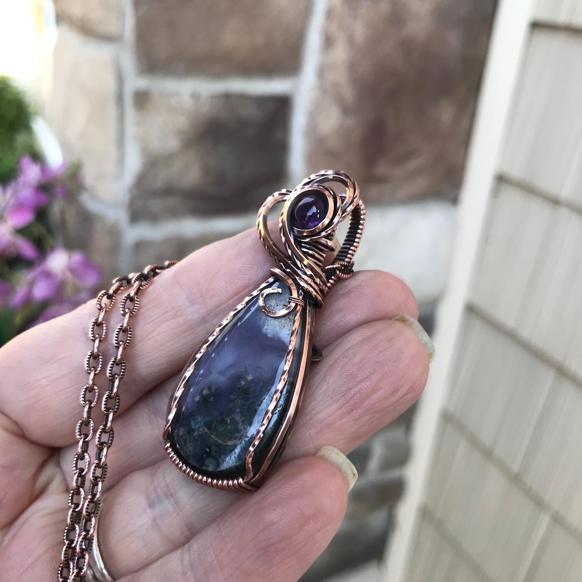 Moss Agate Chalcedony & Amethyst Copper Necklace