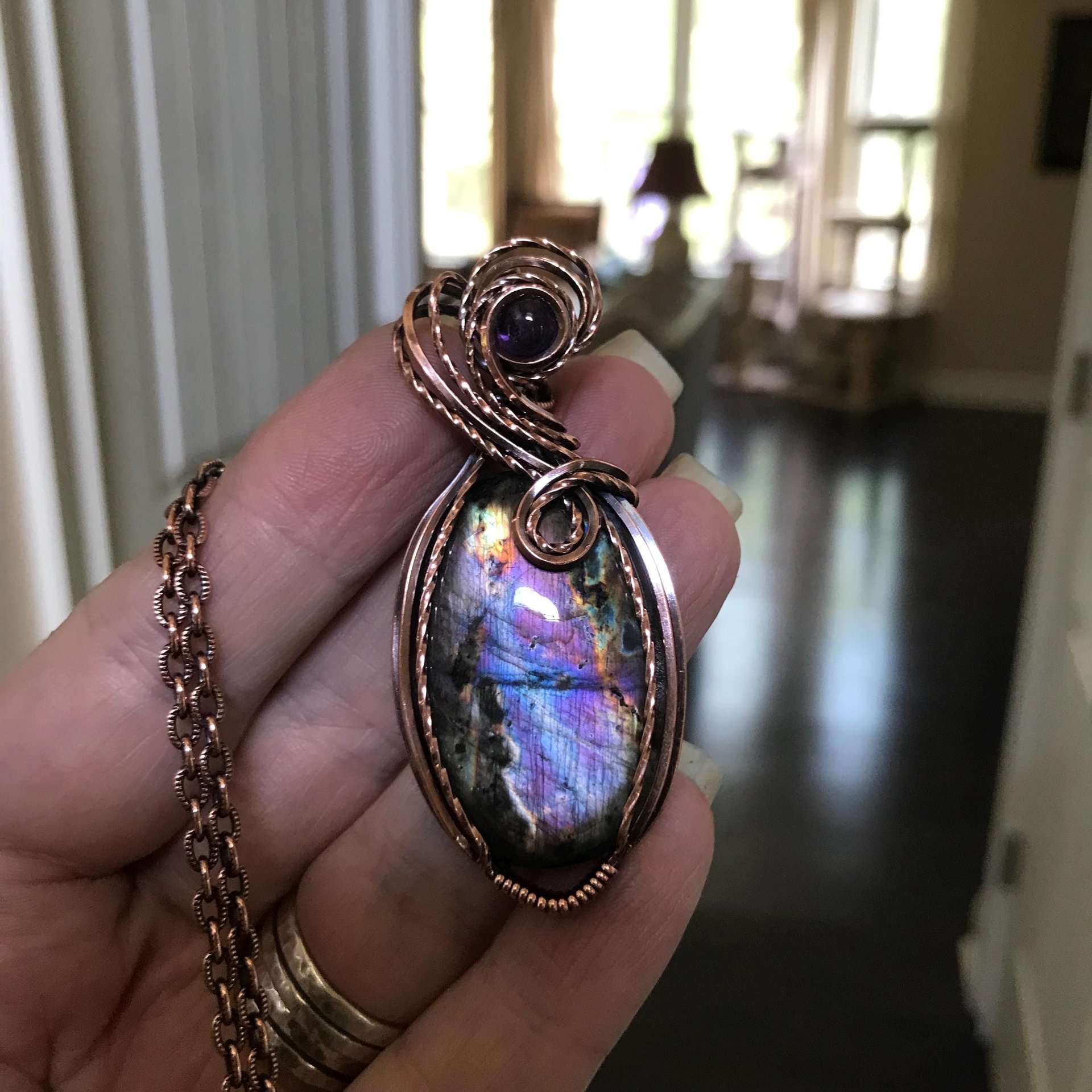 Purple Blue Oval Labradorite & Amethyst Copper Necklace