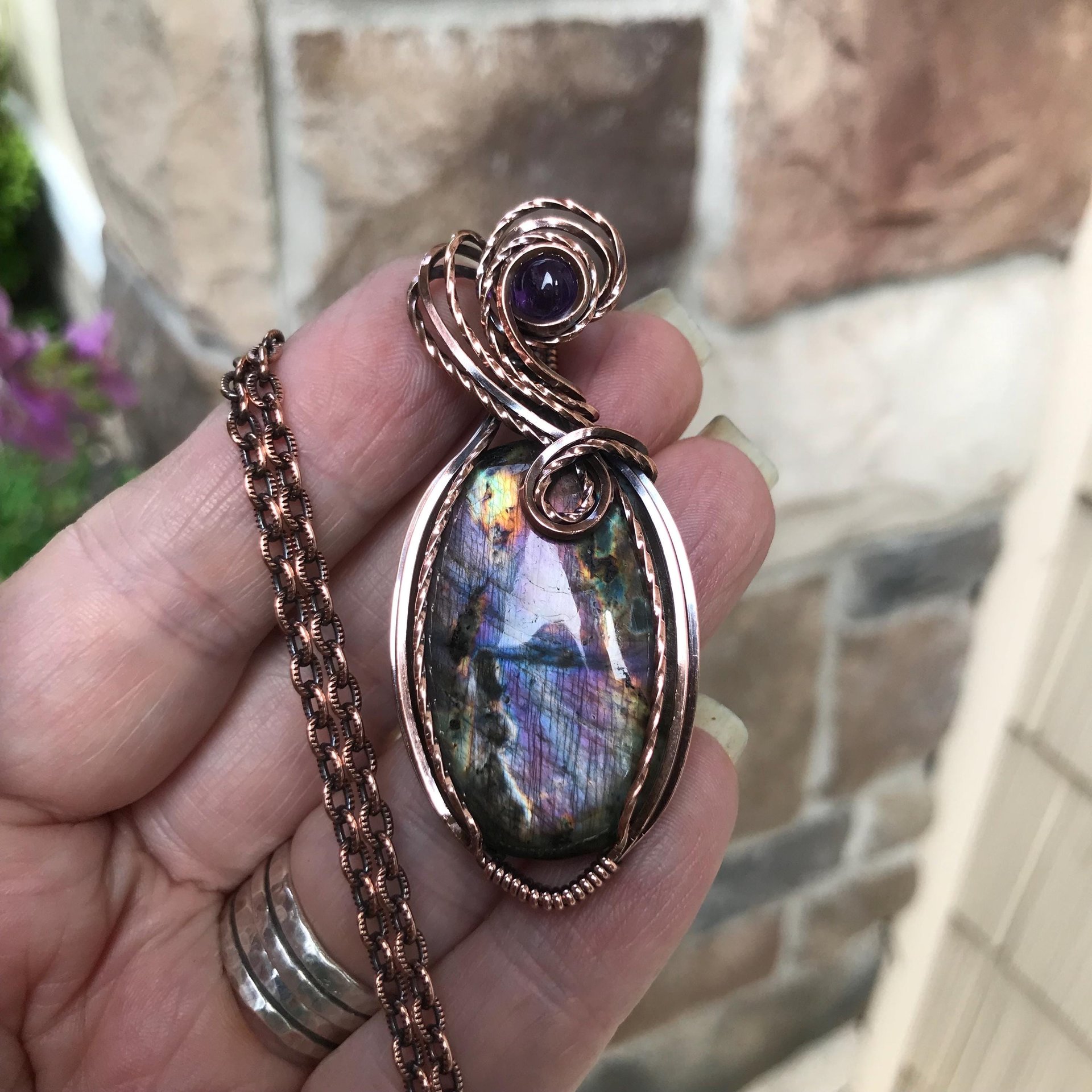Purple Blue Oval Labradorite & Amethyst Copper Necklace
