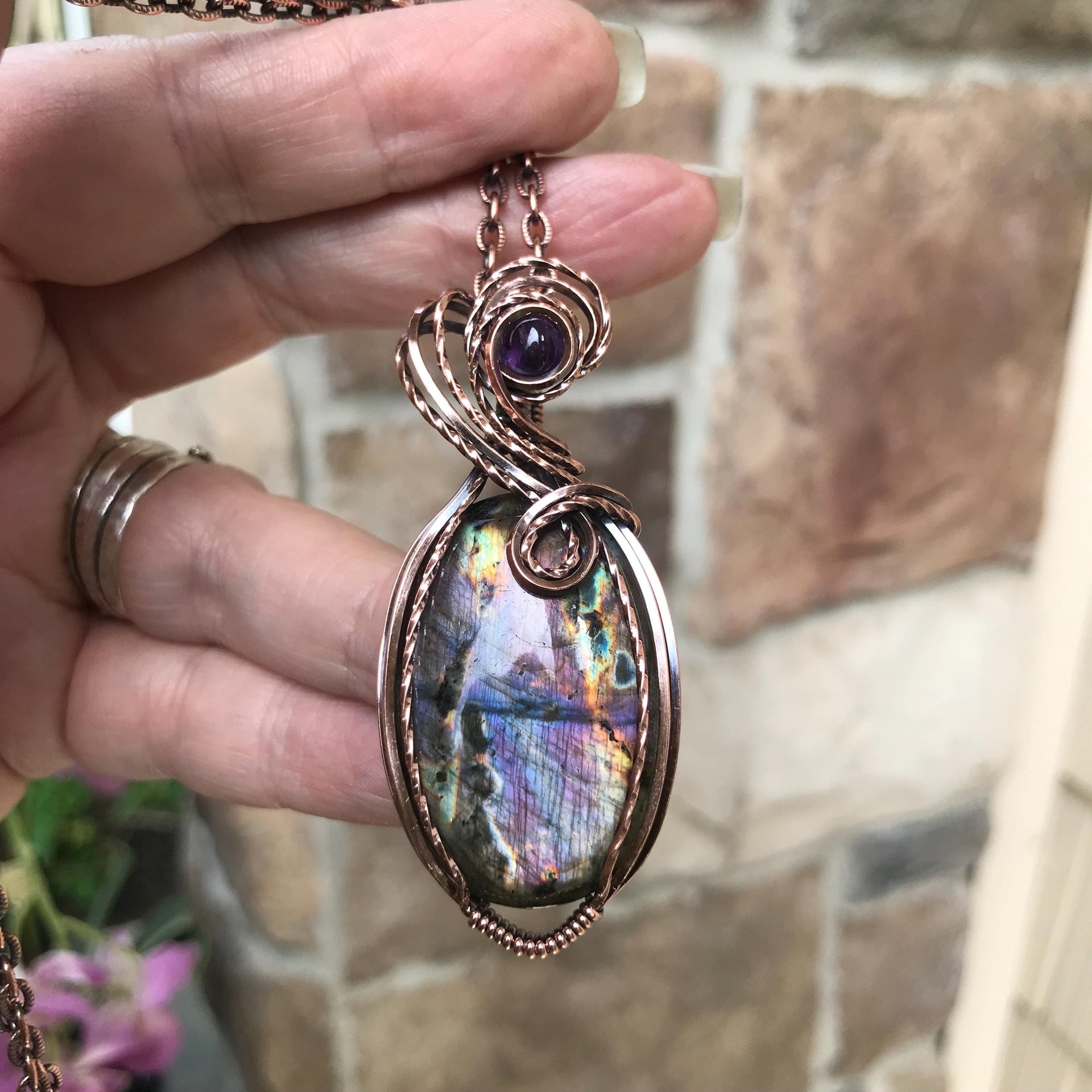 Purple Blue Oval Labradorite & Amethyst Copper Necklace