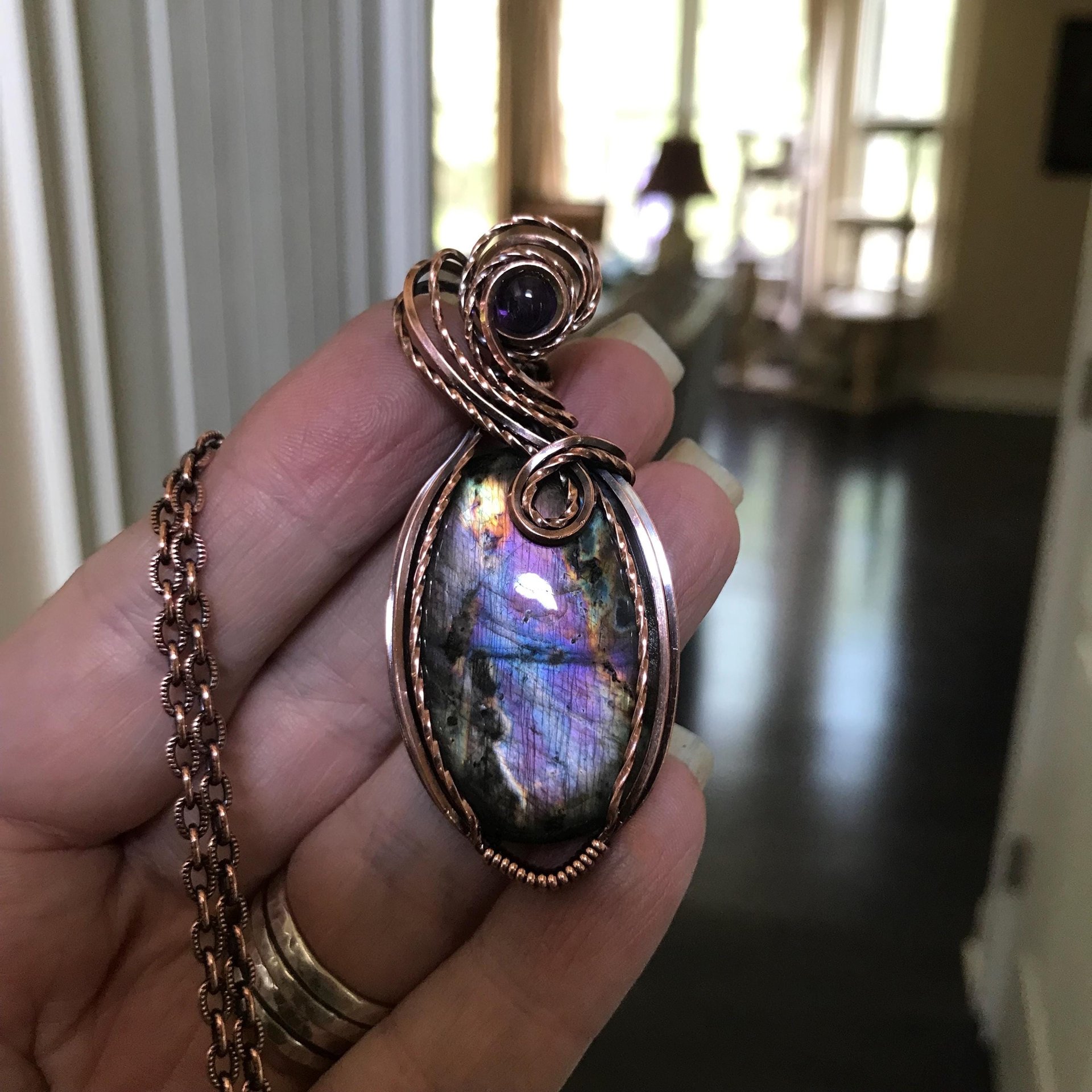 Purple Blue Oval Labradorite & Amethyst Copper Necklace
