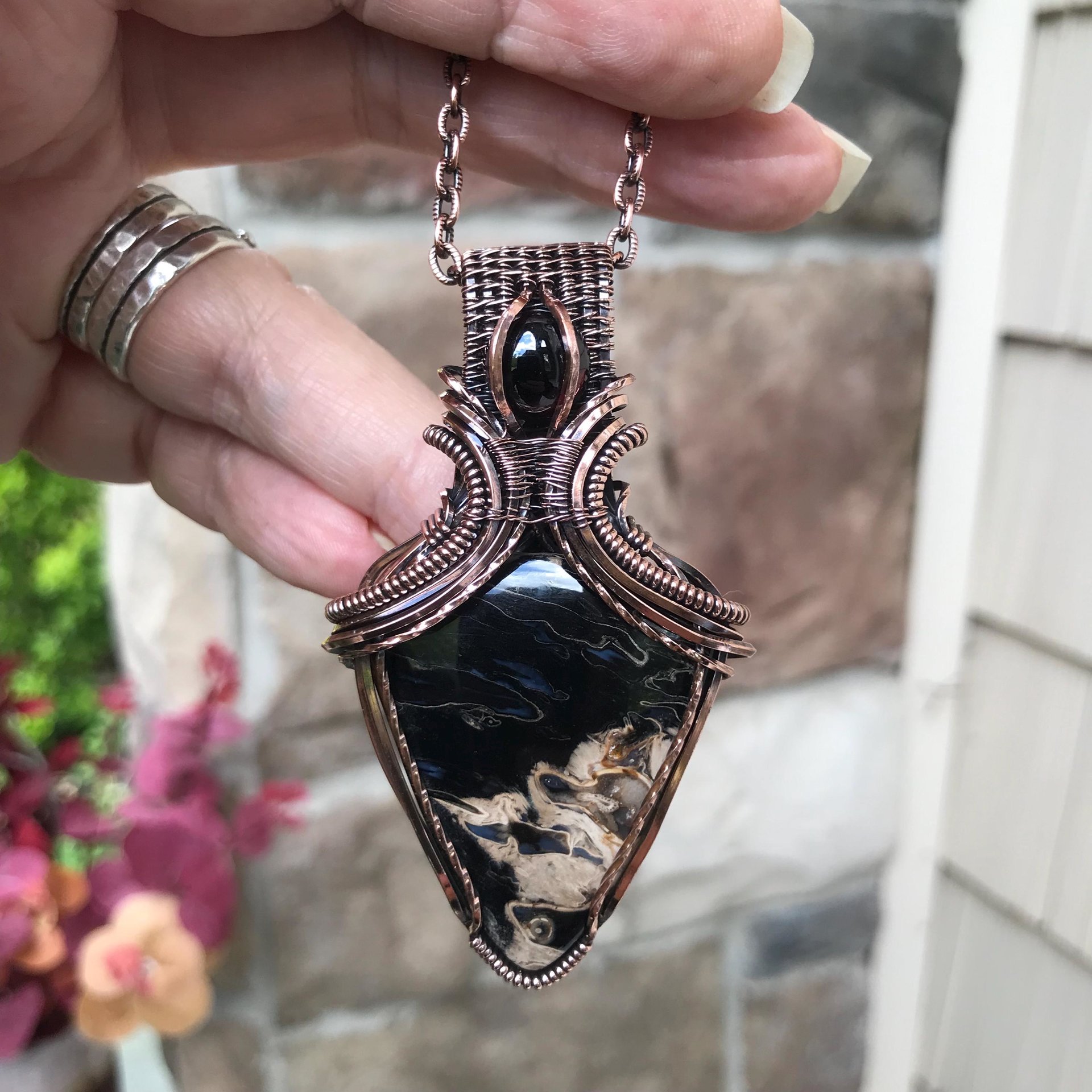 Petrified Palm Wood & Garnet Copper Pendant with Weaving