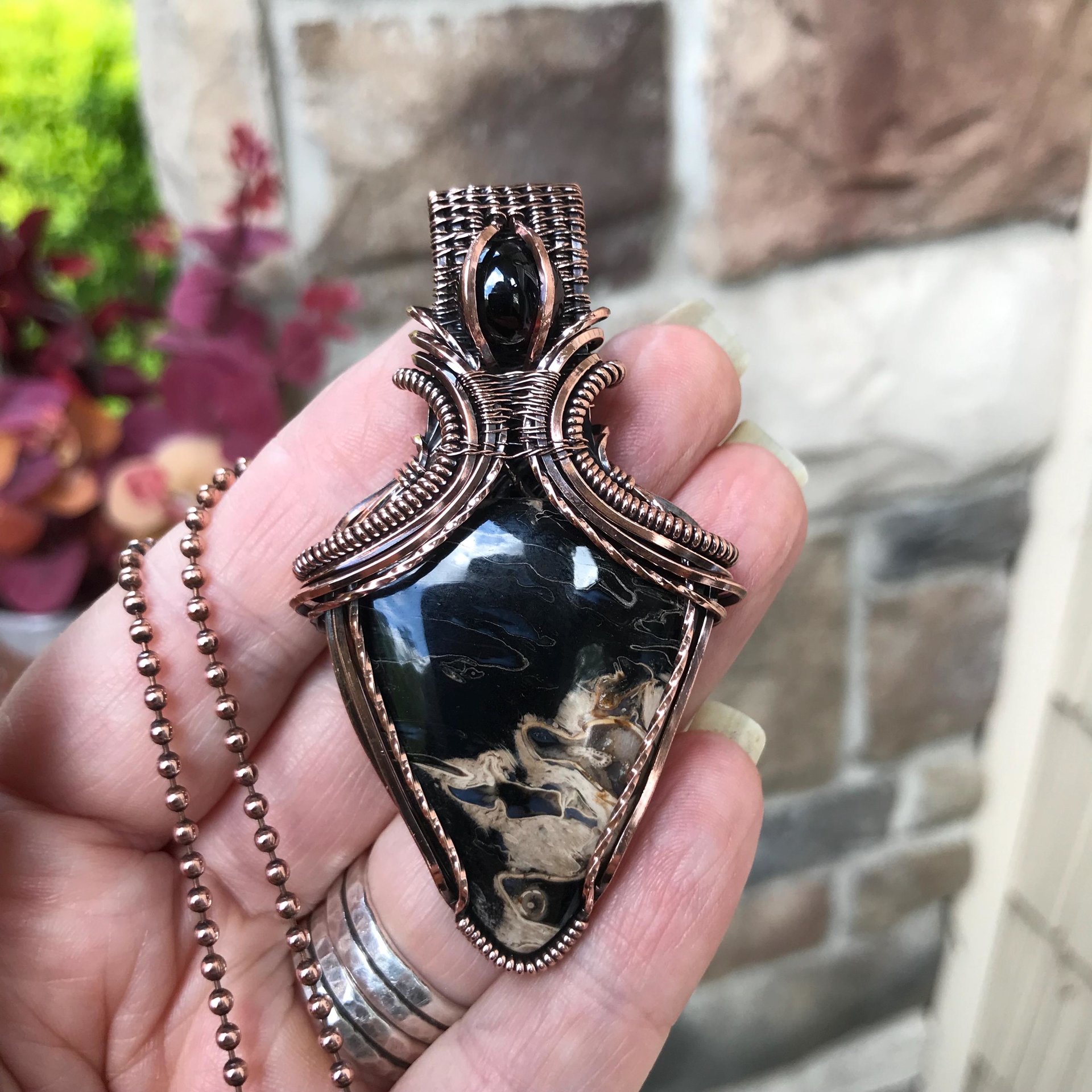 Petrified Palm Wood & Garnet Copper Pendant with Weaving