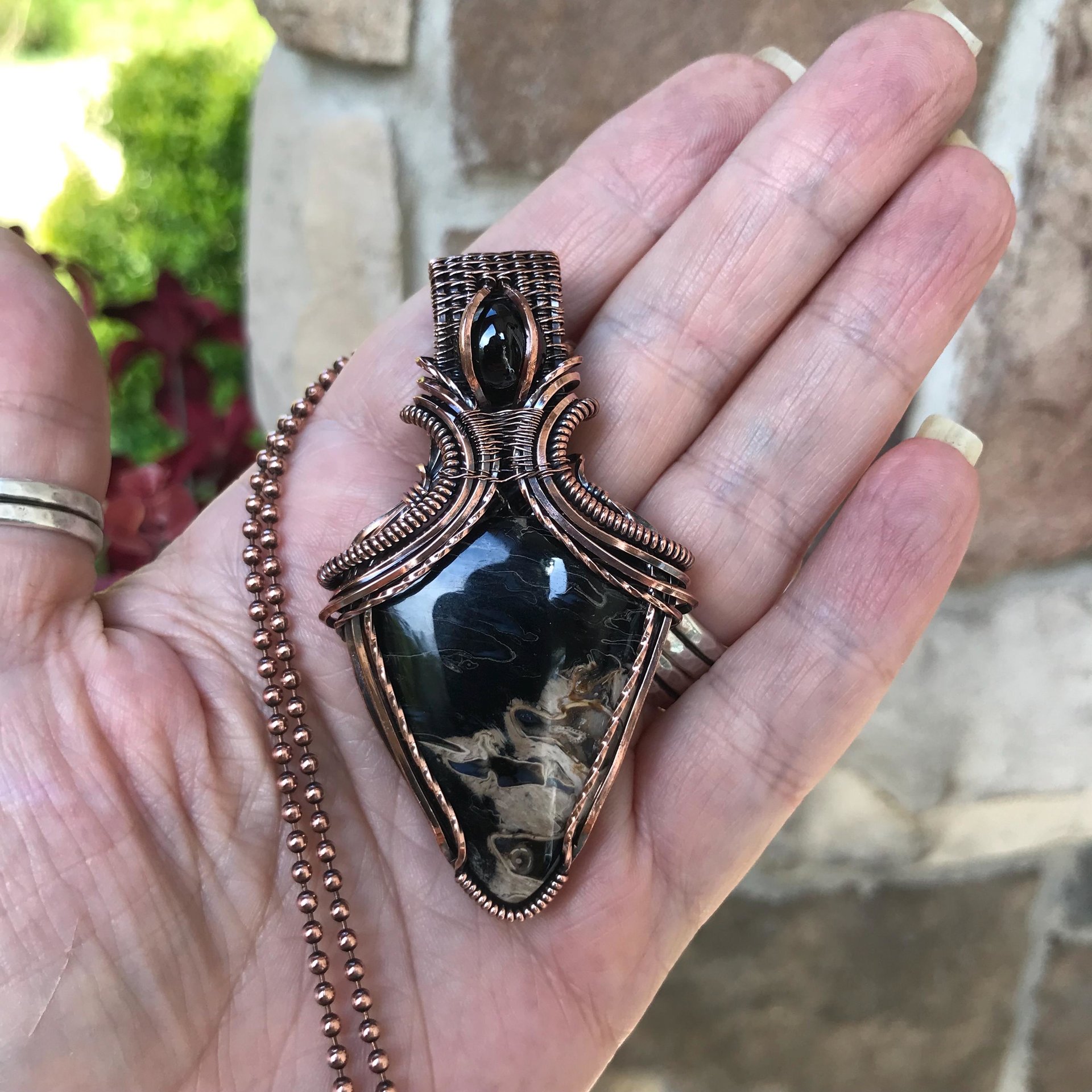 Petrified Palm Wood & Garnet Copper Pendant with Weaving