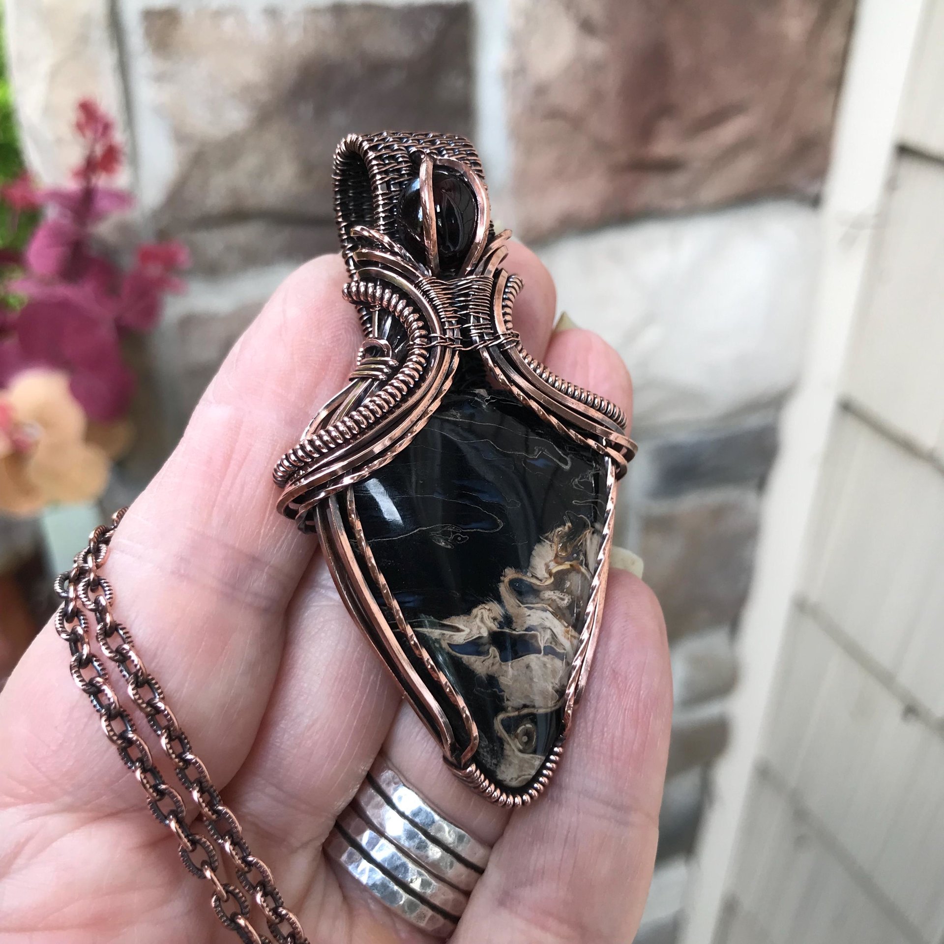 Petrified Palm Wood & Garnet Copper Pendant with Weaving