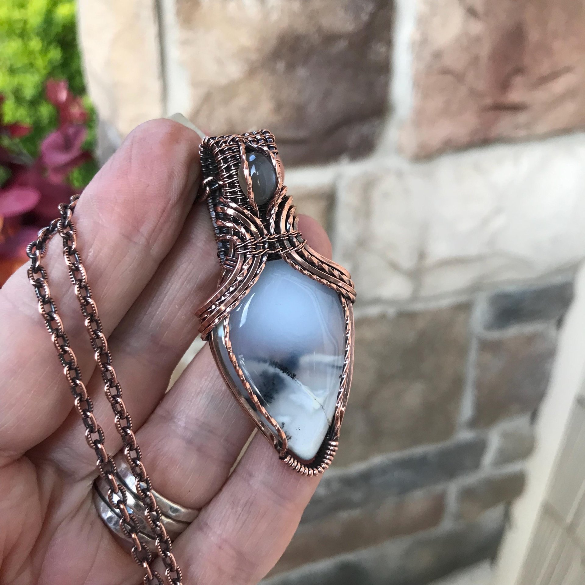SOLD - Dendritic Opal  & Gray Moonstone Copper Pendant with Weaving