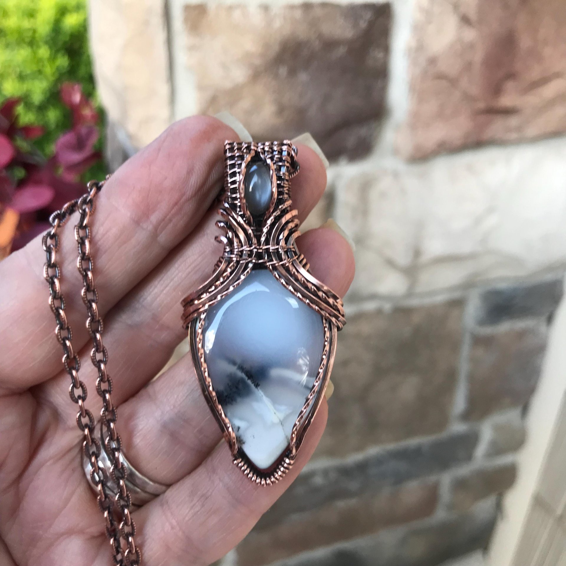 SOLD - Dendritic Opal  & Gray Moonstone Copper Pendant with Weaving