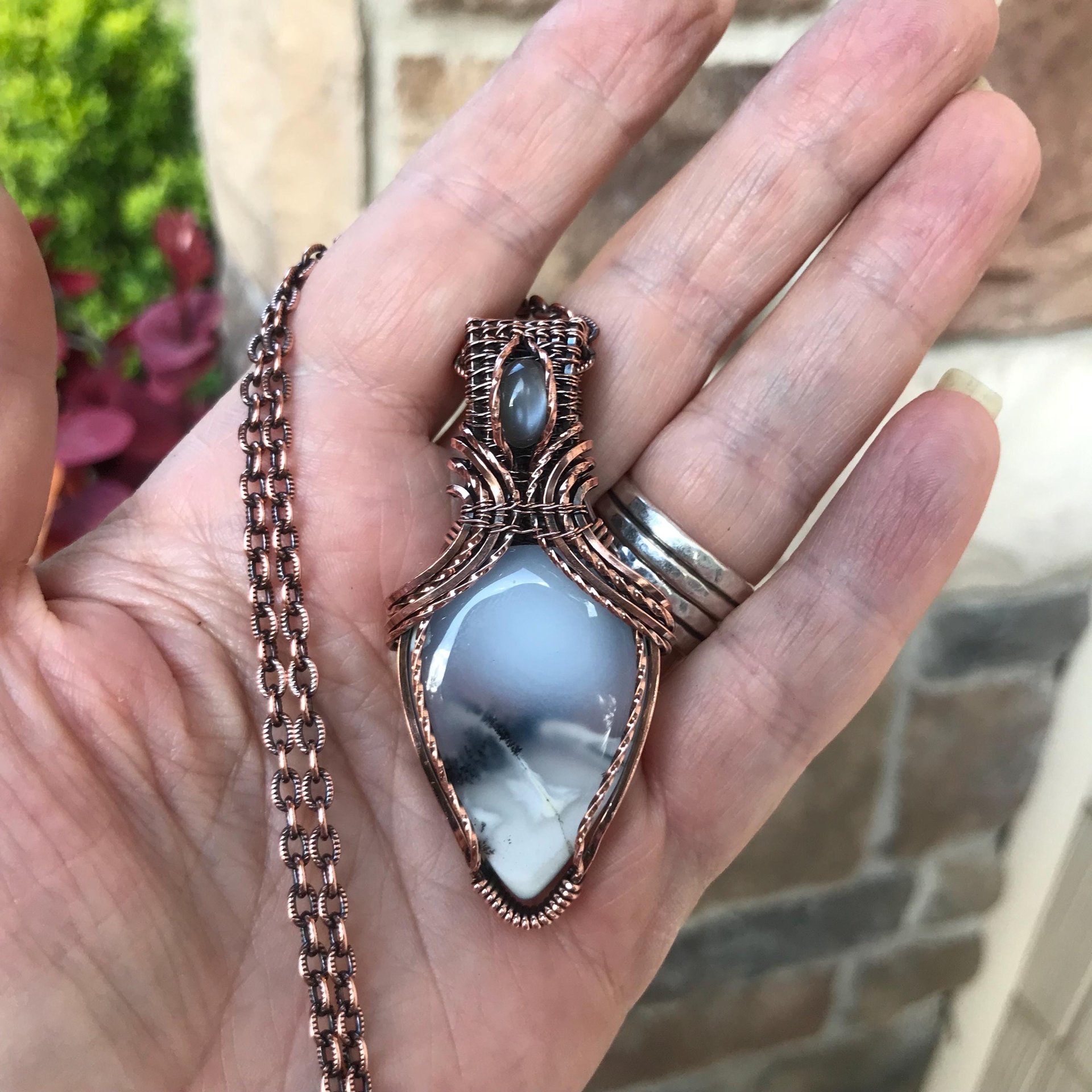 SOLD - Dendritic Opal  & Gray Moonstone Copper Pendant with Weaving