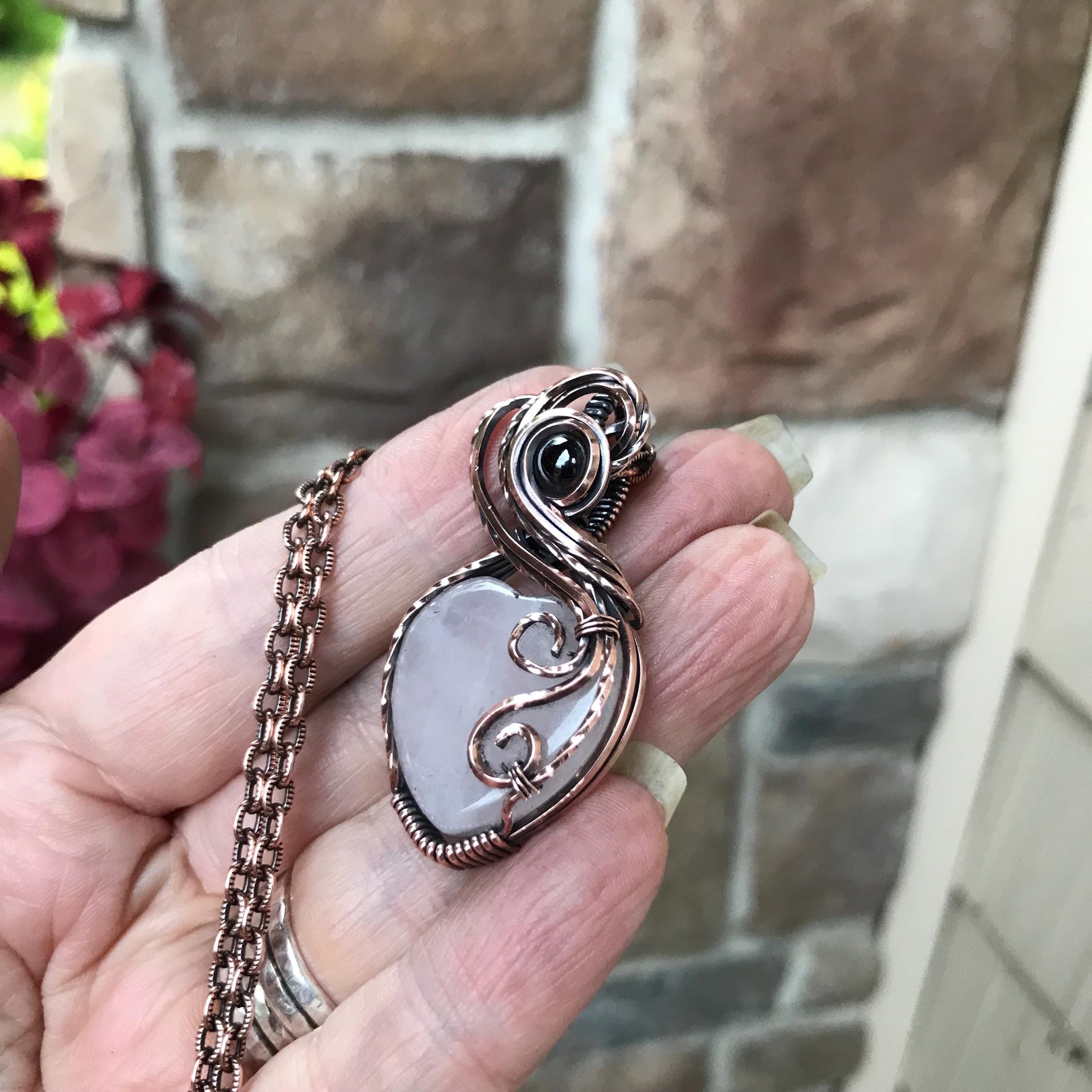 Rose Quartz & Garnet Swirly Heart Copper Necklace