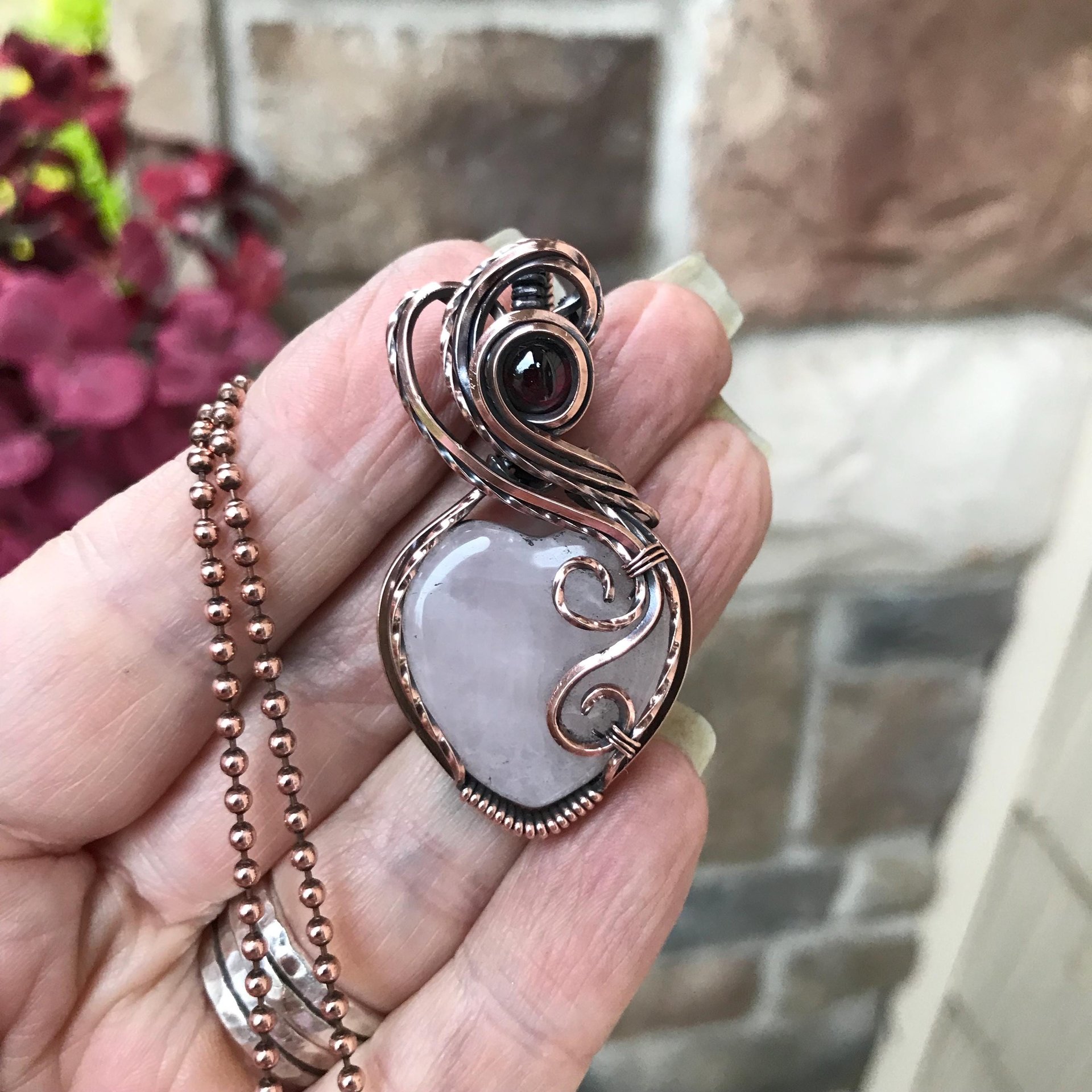 Rose Quartz & Garnet Swirly Heart Copper Necklace