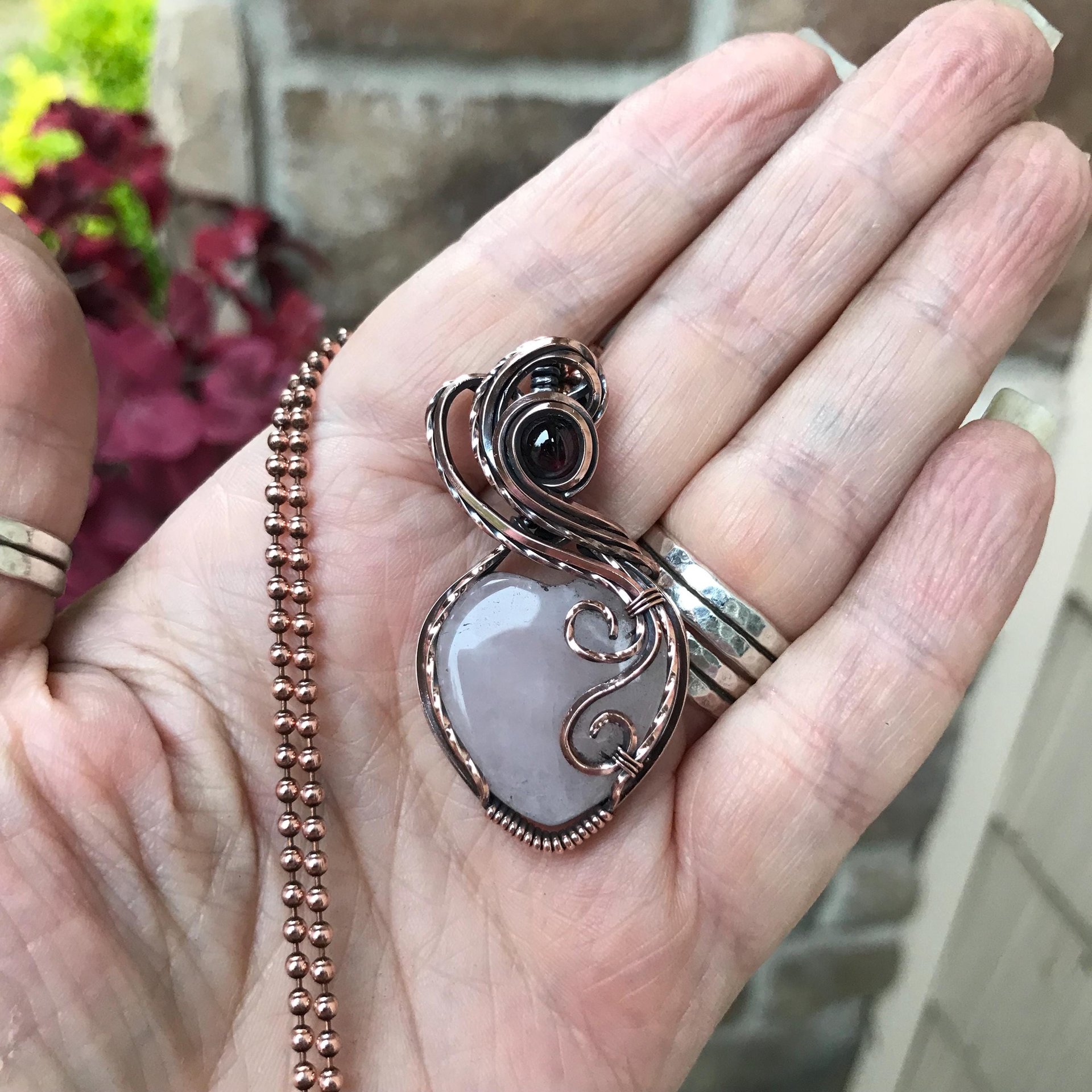 Rose Quartz & Garnet Swirly Heart Copper Necklace