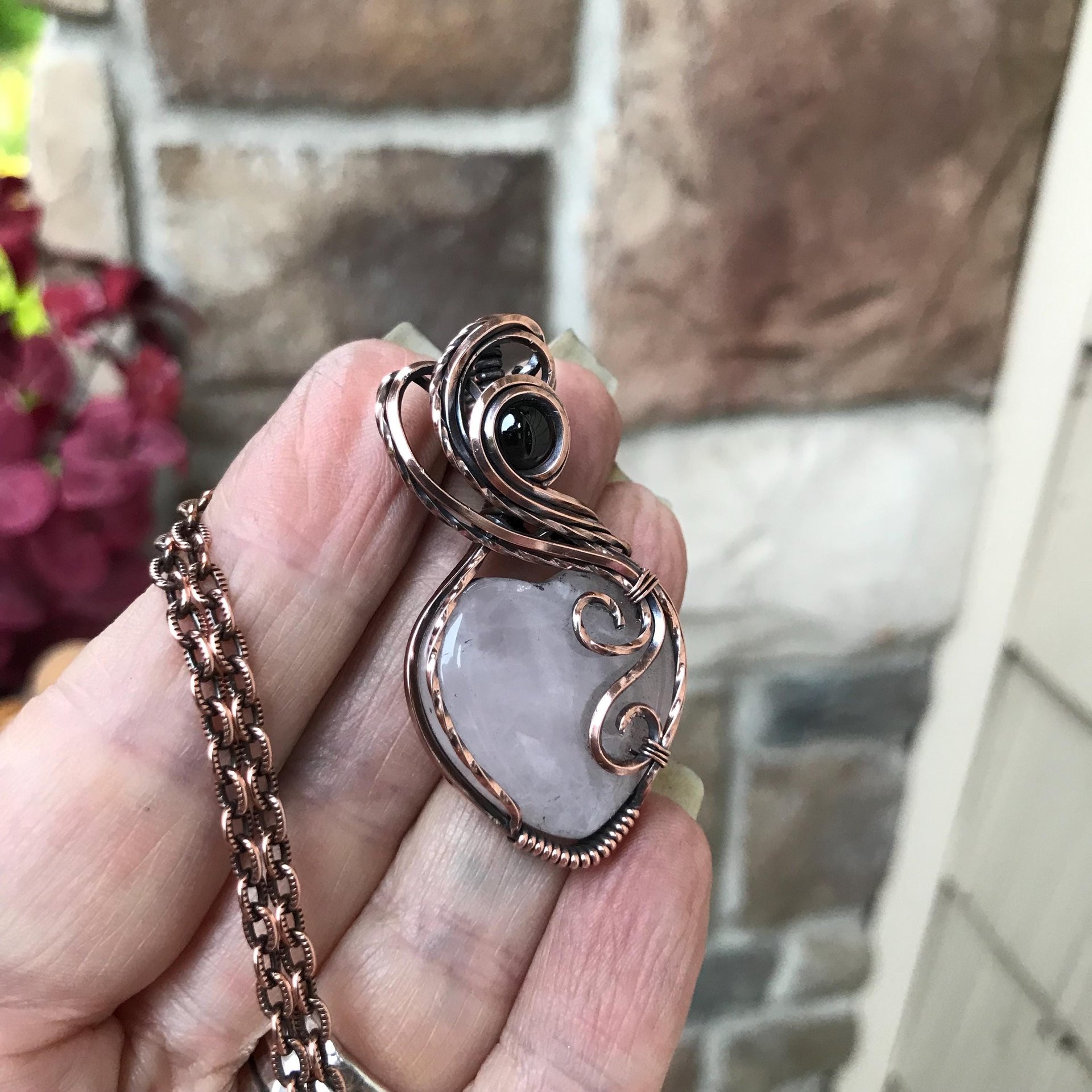Rose Quartz & Garnet Swirly Heart Copper Necklace