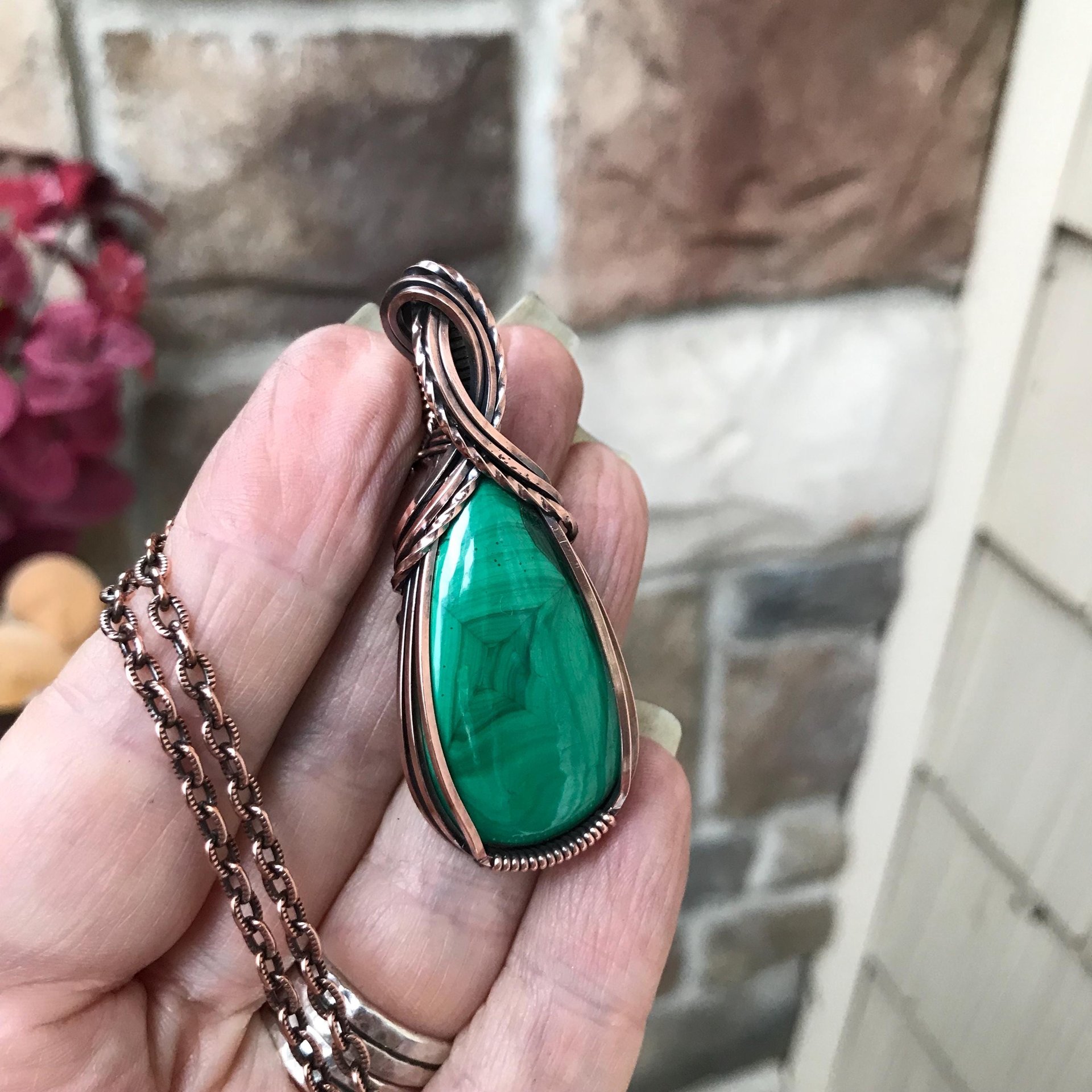 Malachite Criss Cross Copper Pendant