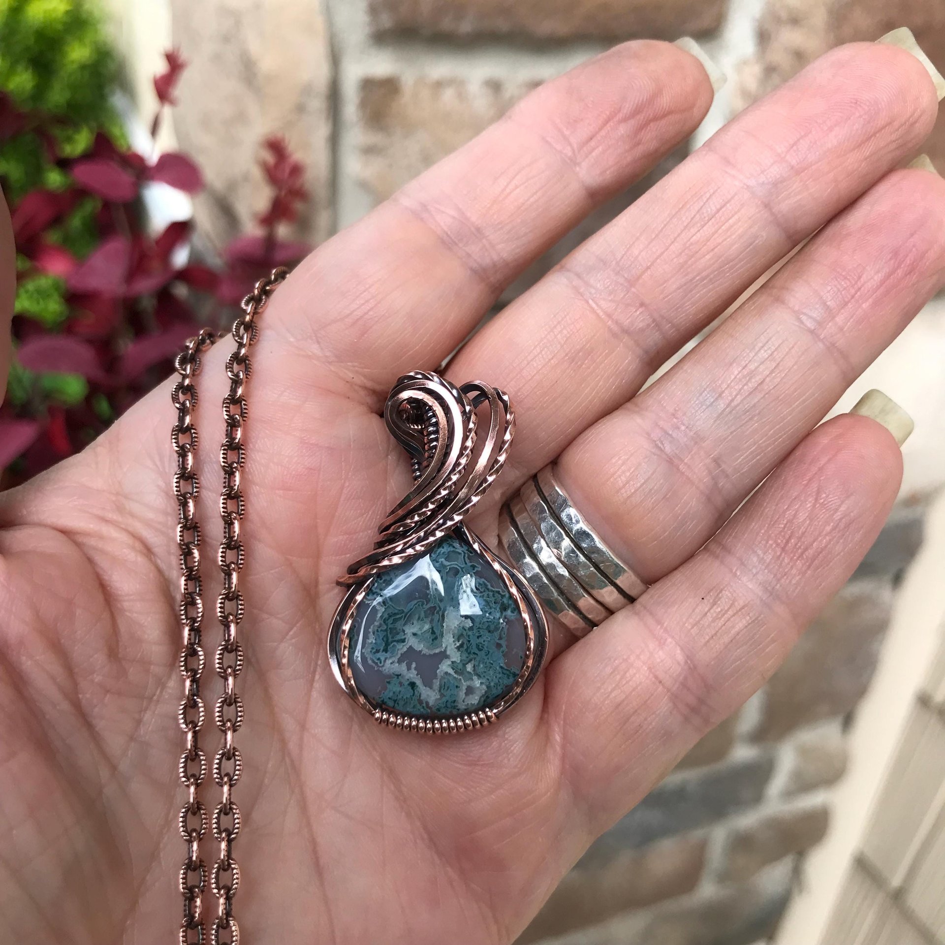 Moss Agate Small Teardrop Copper Necklace
