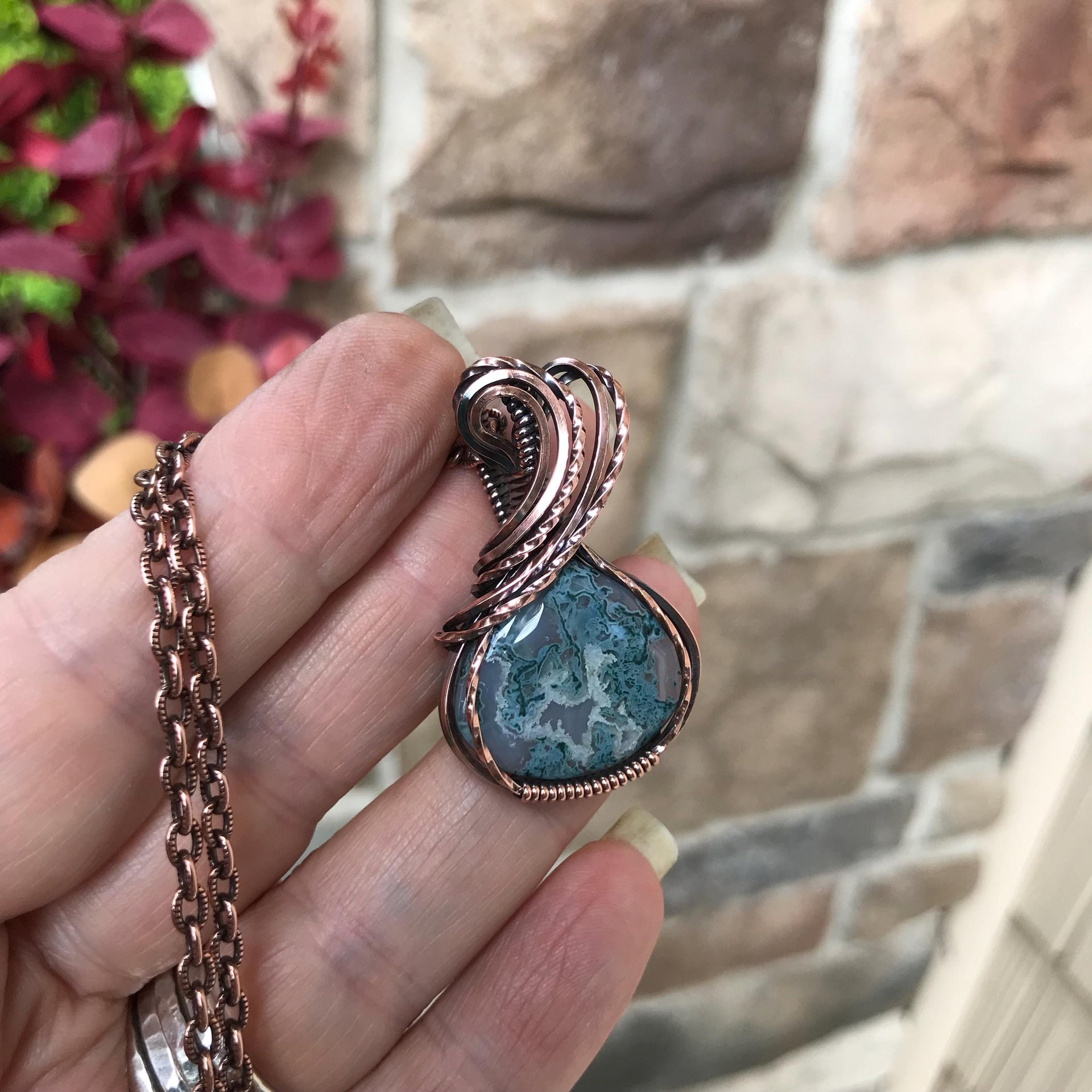 Moss Agate Small Teardrop Copper Necklace