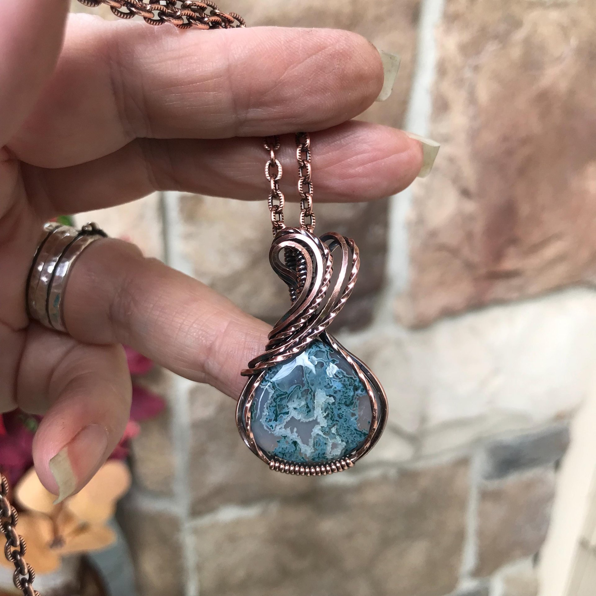 Moss Agate Small Teardrop Copper Necklace