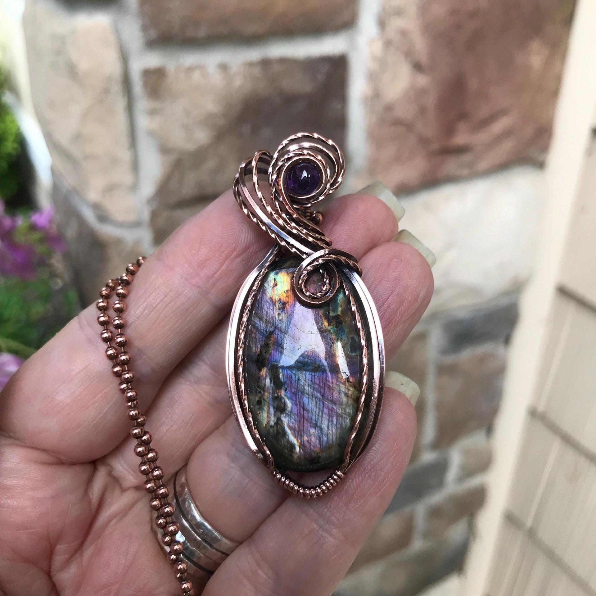 Purple Blue Oval Labradorite & Amethyst Copper Necklace