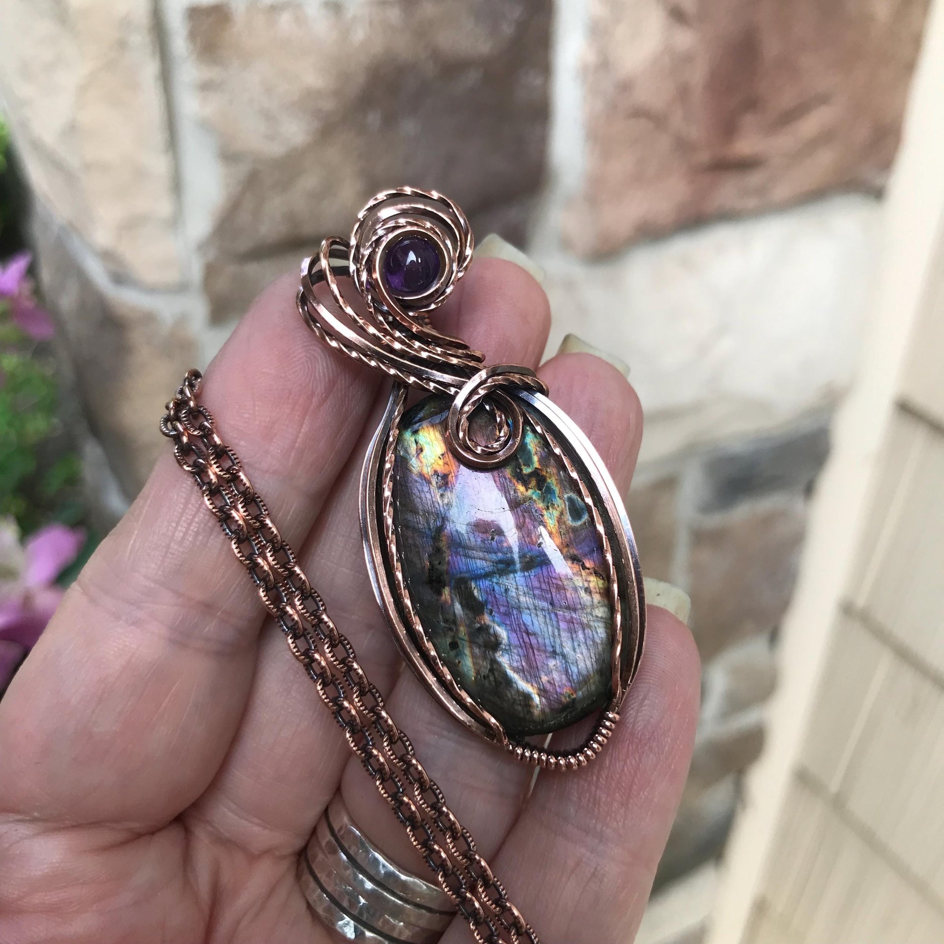 Purple Blue Oval Labradorite & Amethyst Copper Necklace