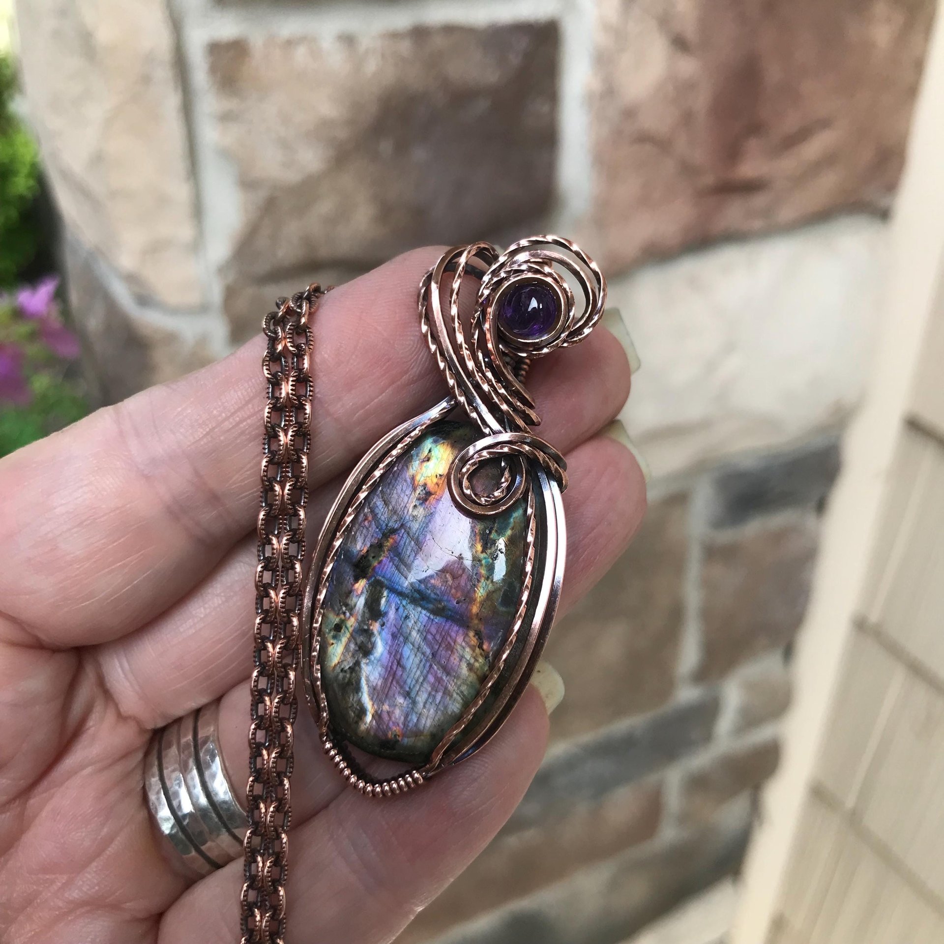 Purple Blue Oval Labradorite & Amethyst Copper Necklace