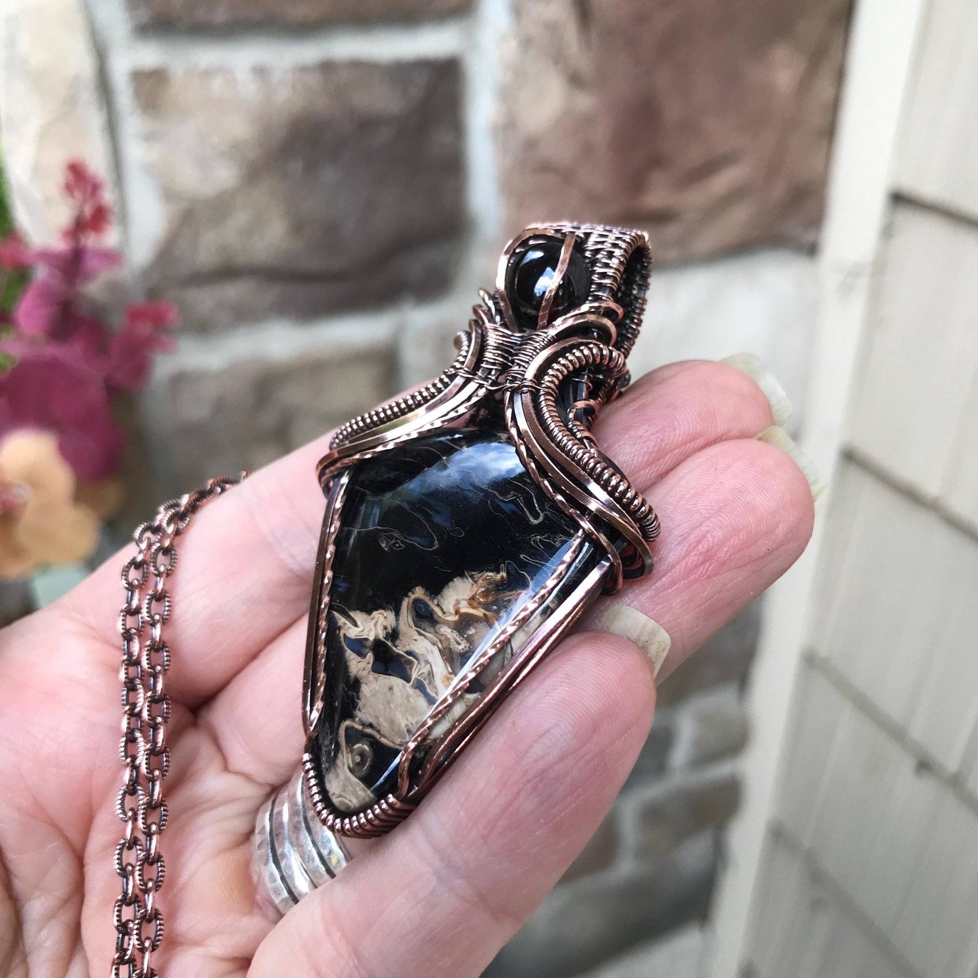 Petrified Palm Wood & Garnet Copper Pendant with Weaving