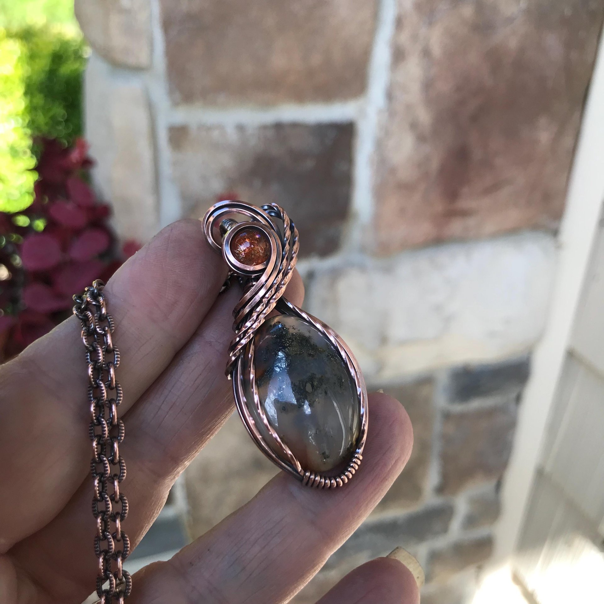 Graveyard Point Plume Agate & Sunstone Copper Pendant