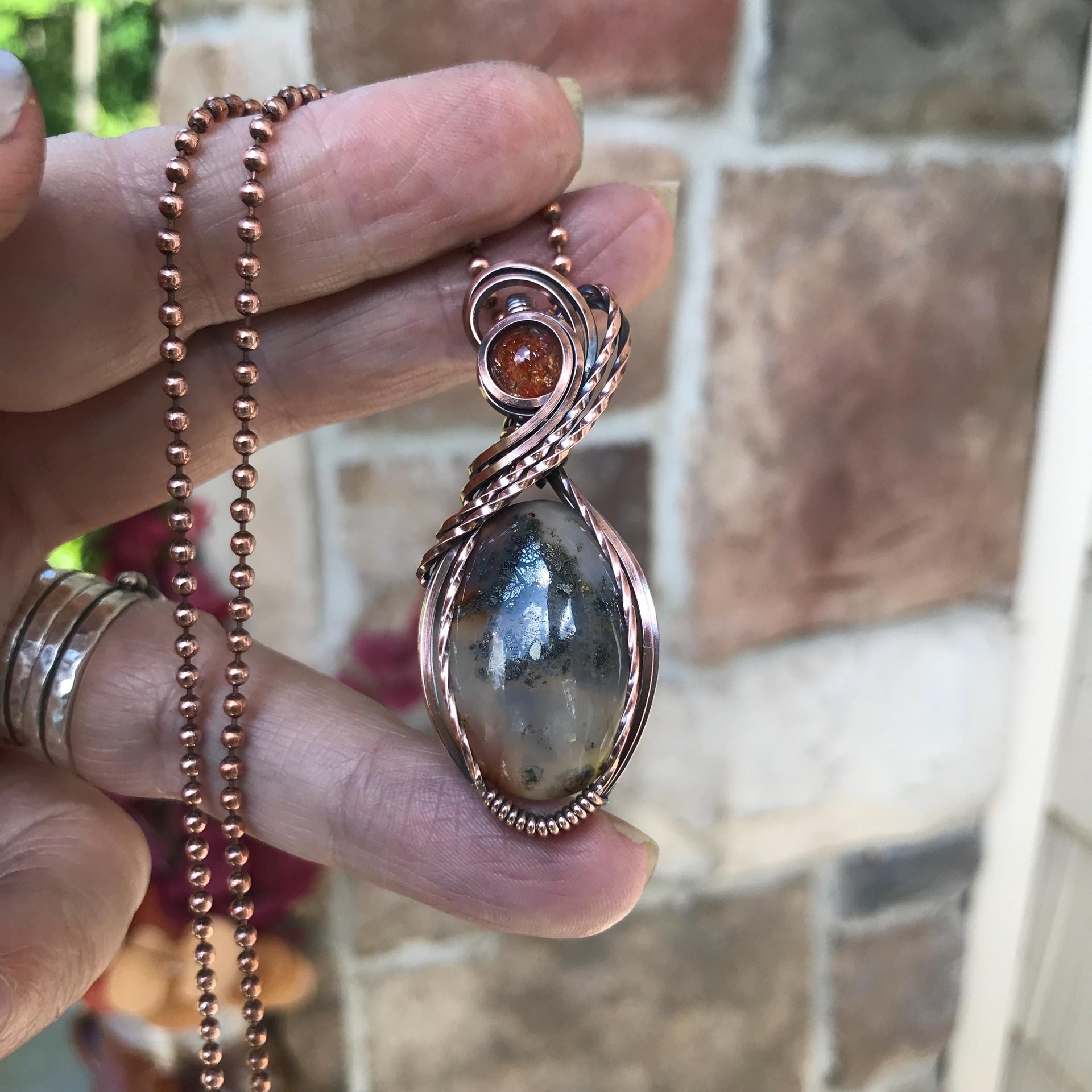 Graveyard Point Plume Agate & Sunstone Copper Pendant
