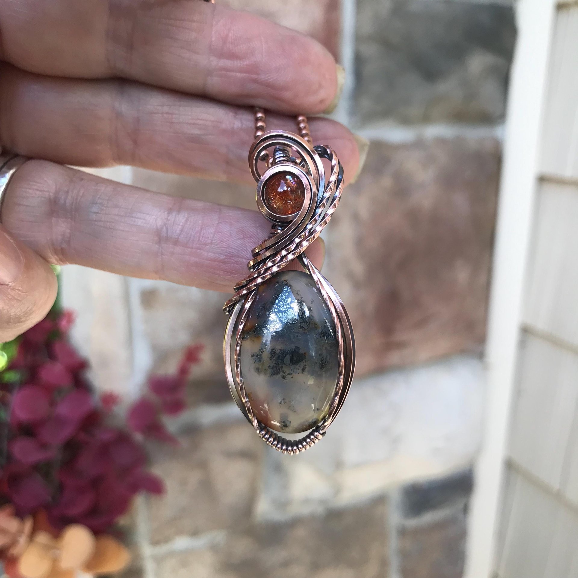 Graveyard Point Plume Agate & Sunstone Copper Pendant