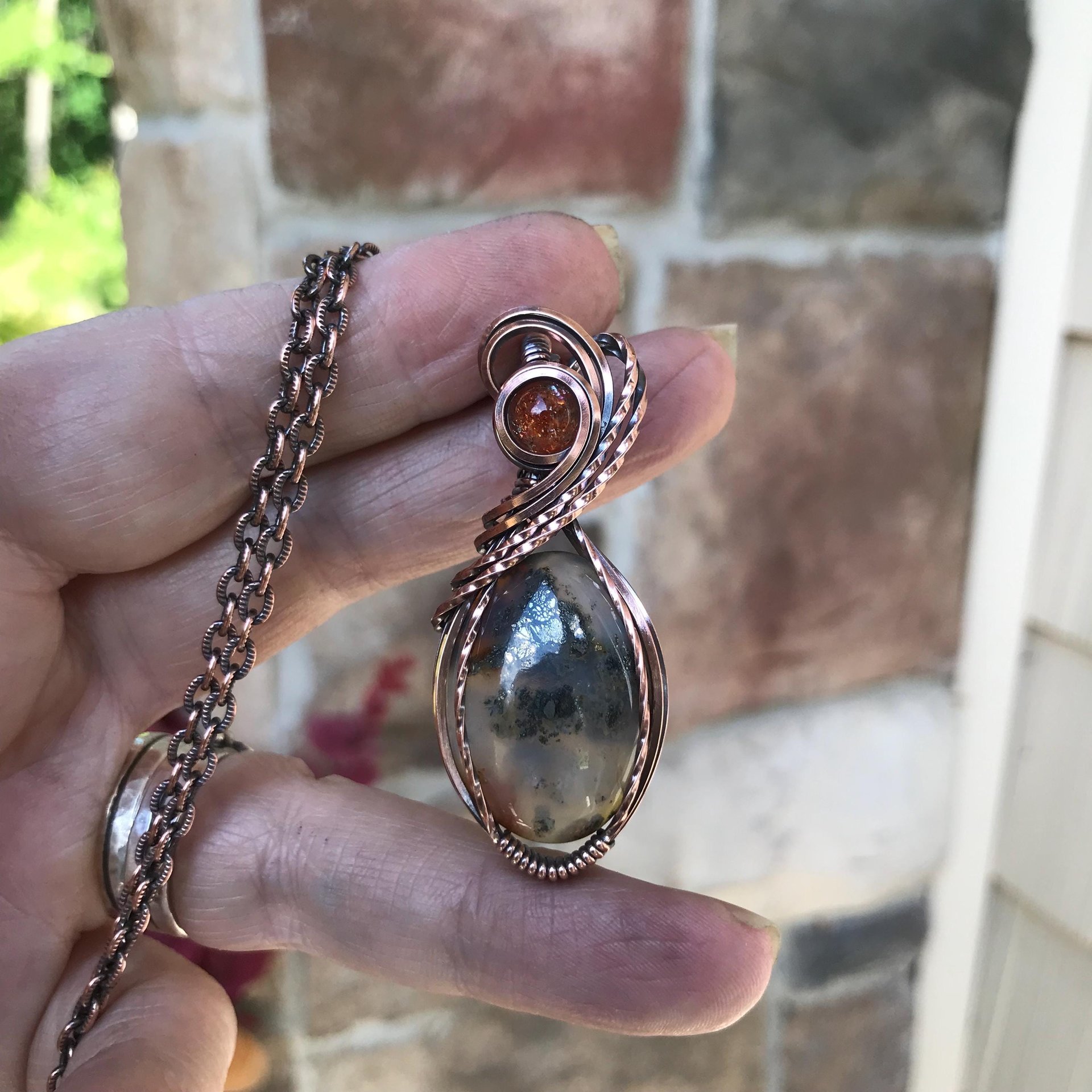 Graveyard Point Plume Agate & Sunstone Copper Pendant