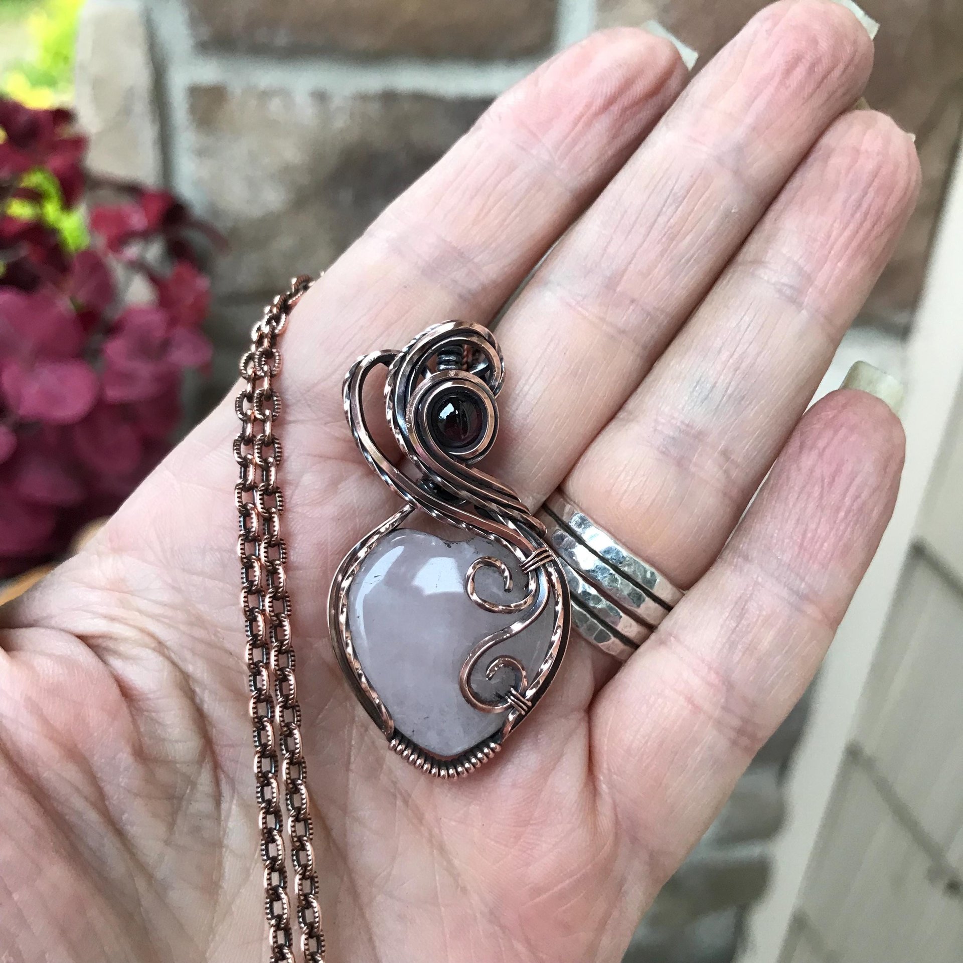 Rose Quartz & Garnet Swirly Heart Copper Necklace