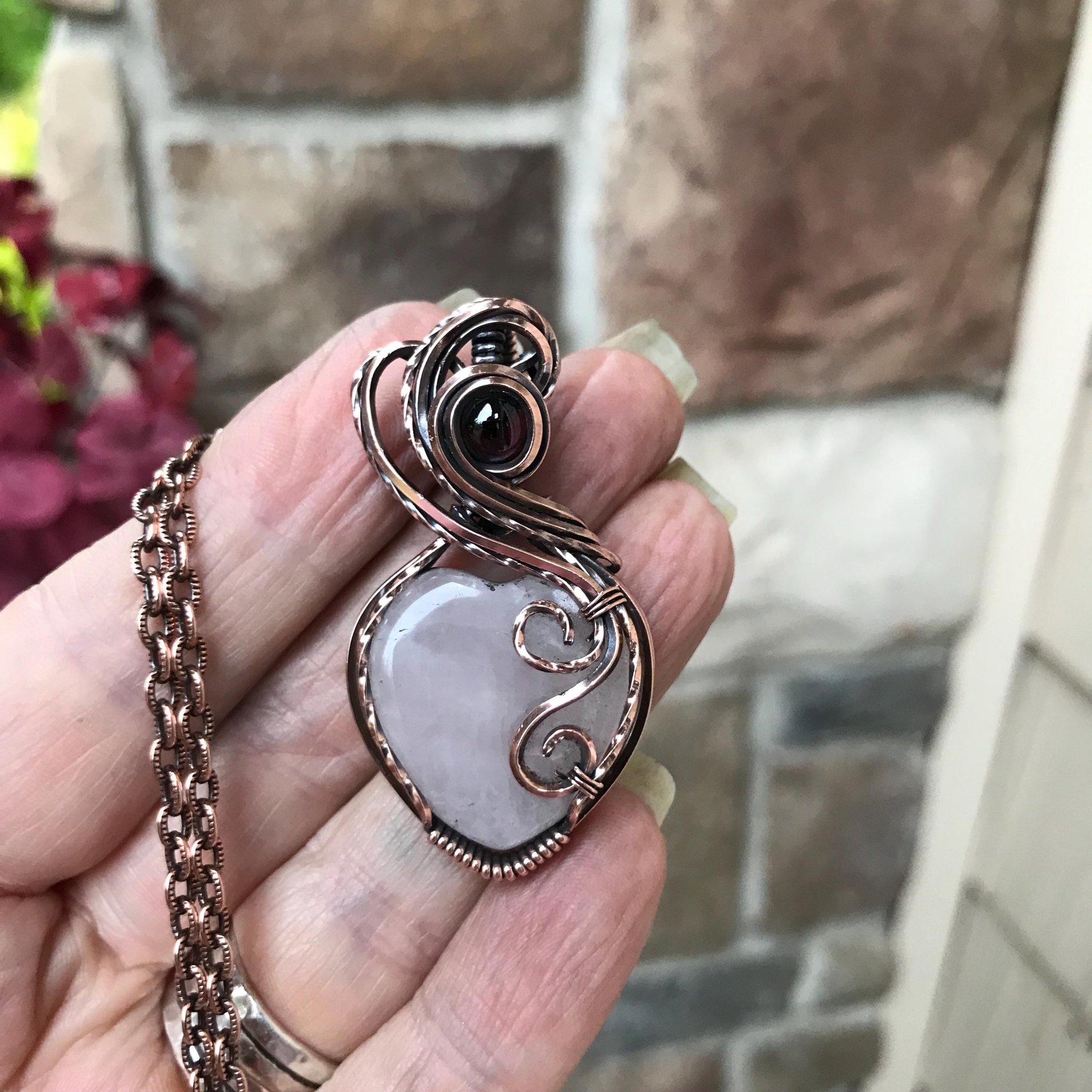 Rose Quartz & Garnet Swirly Heart Copper Necklace