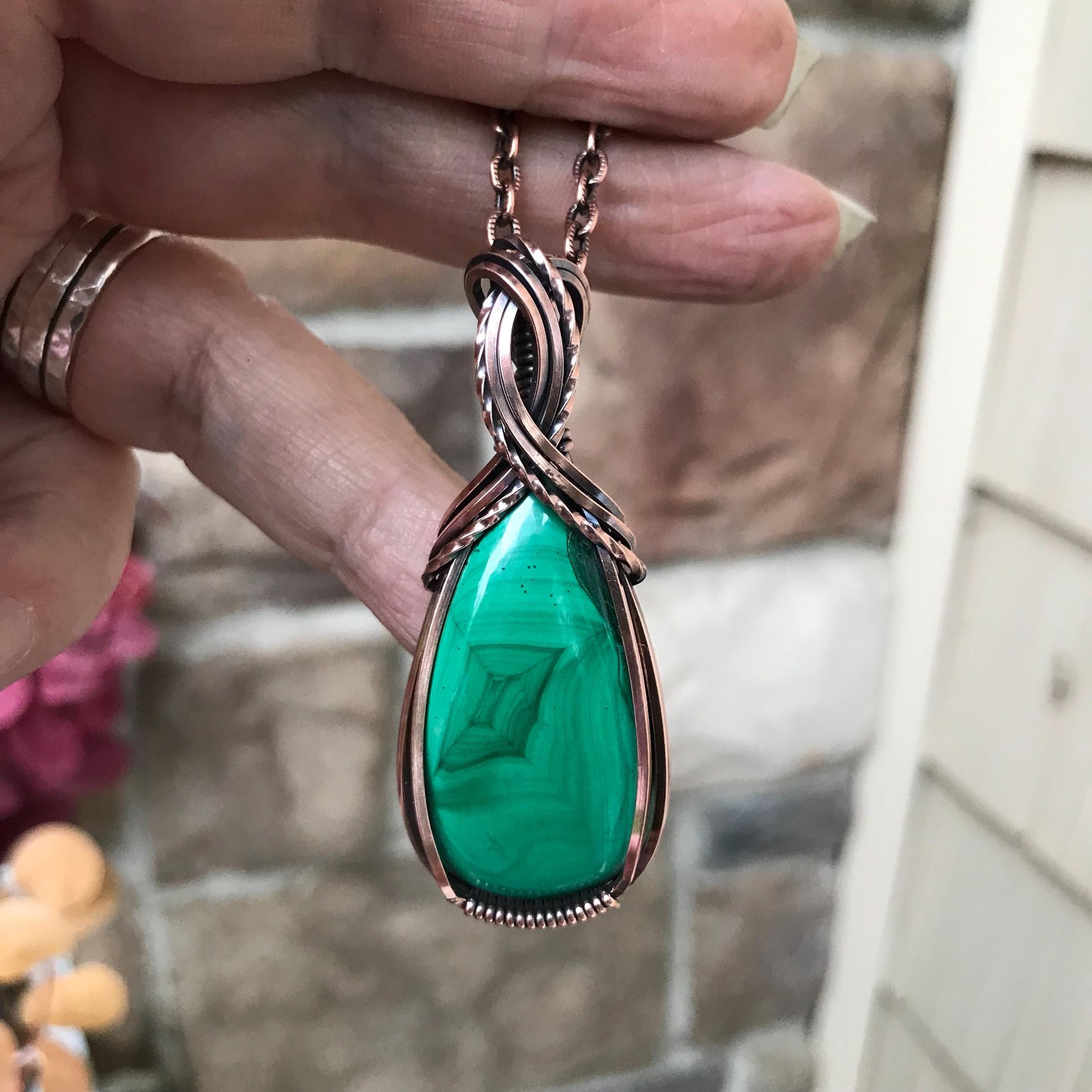 Malachite Criss Cross Copper Pendant