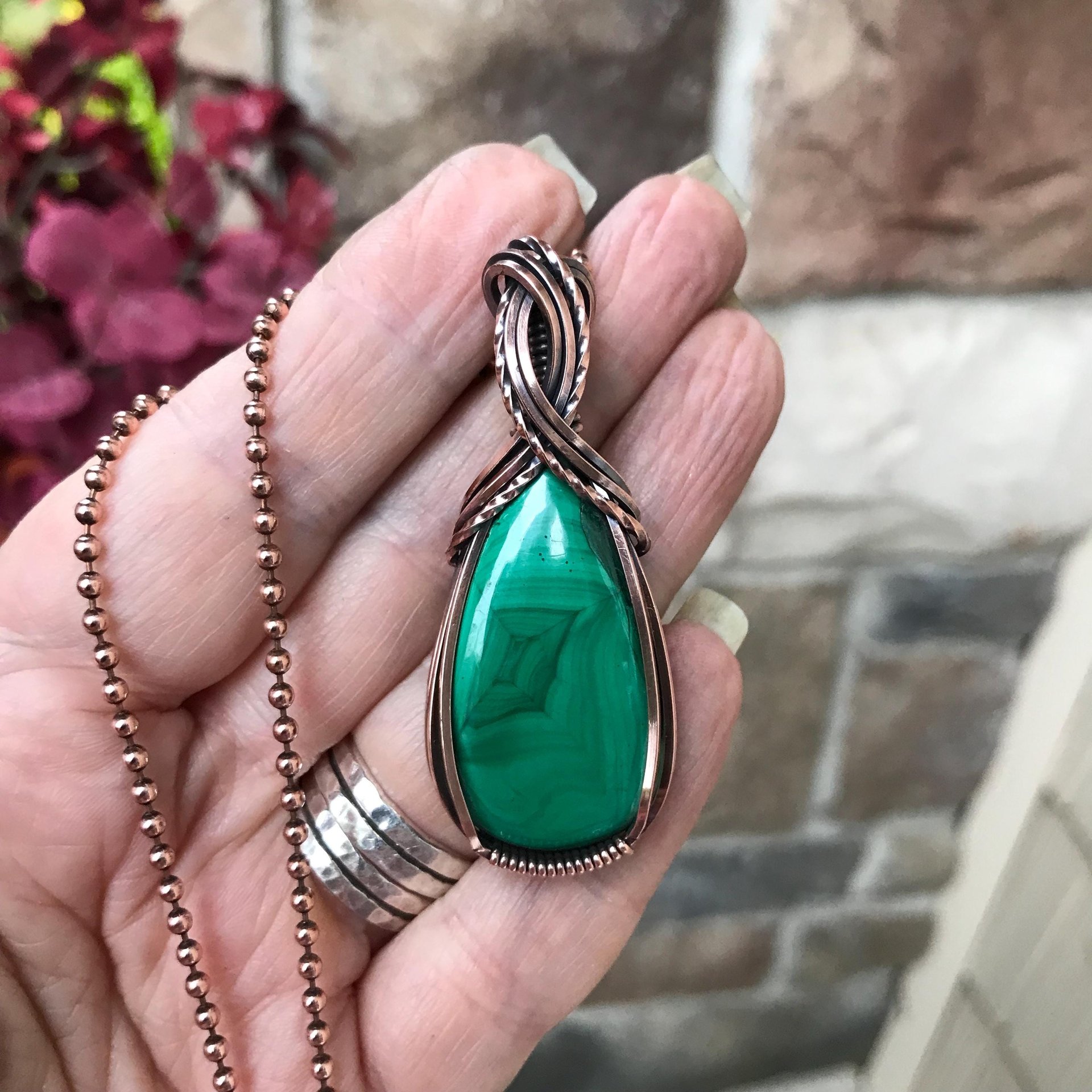 Malachite Criss Cross Copper Pendant