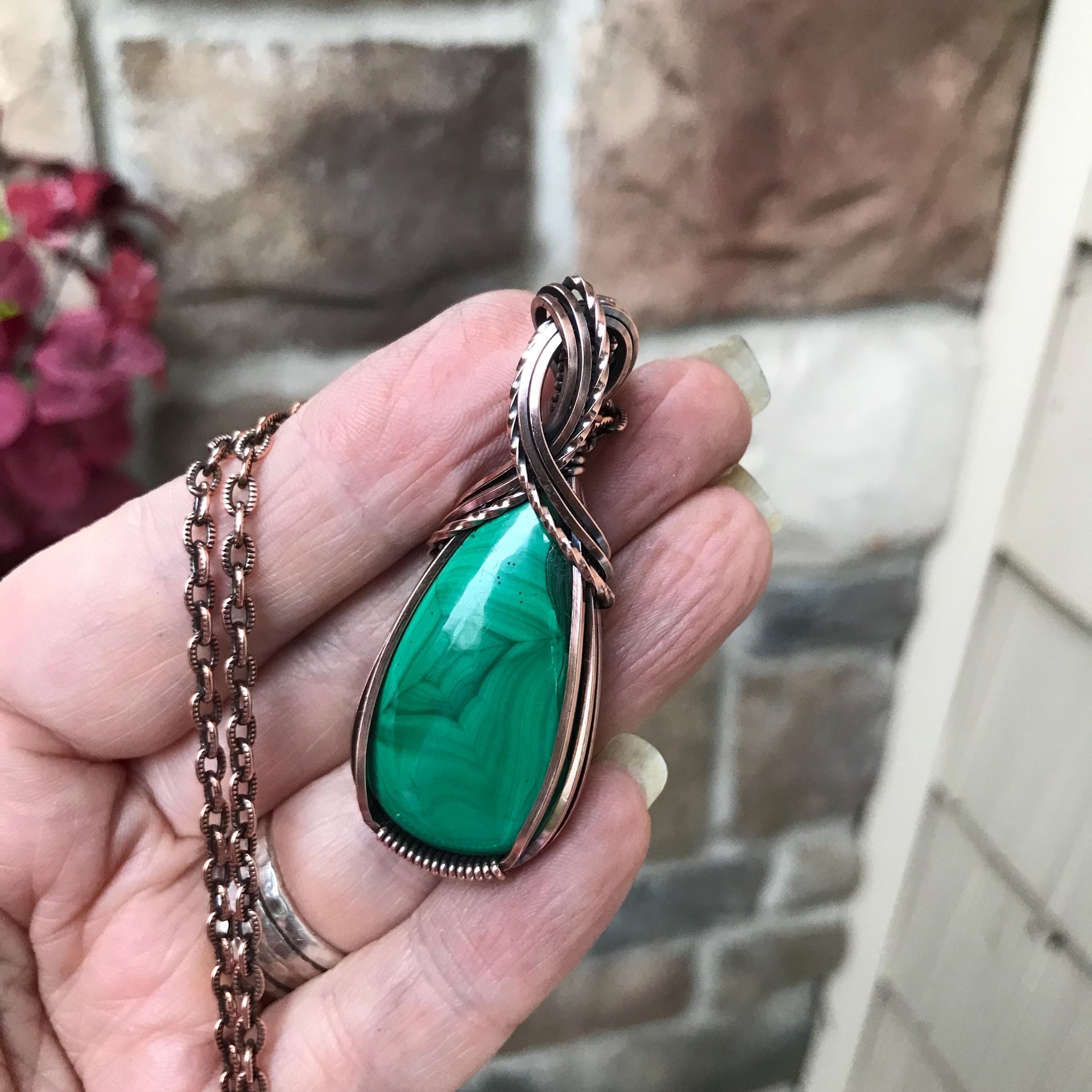 Malachite Criss Cross Copper Pendant
