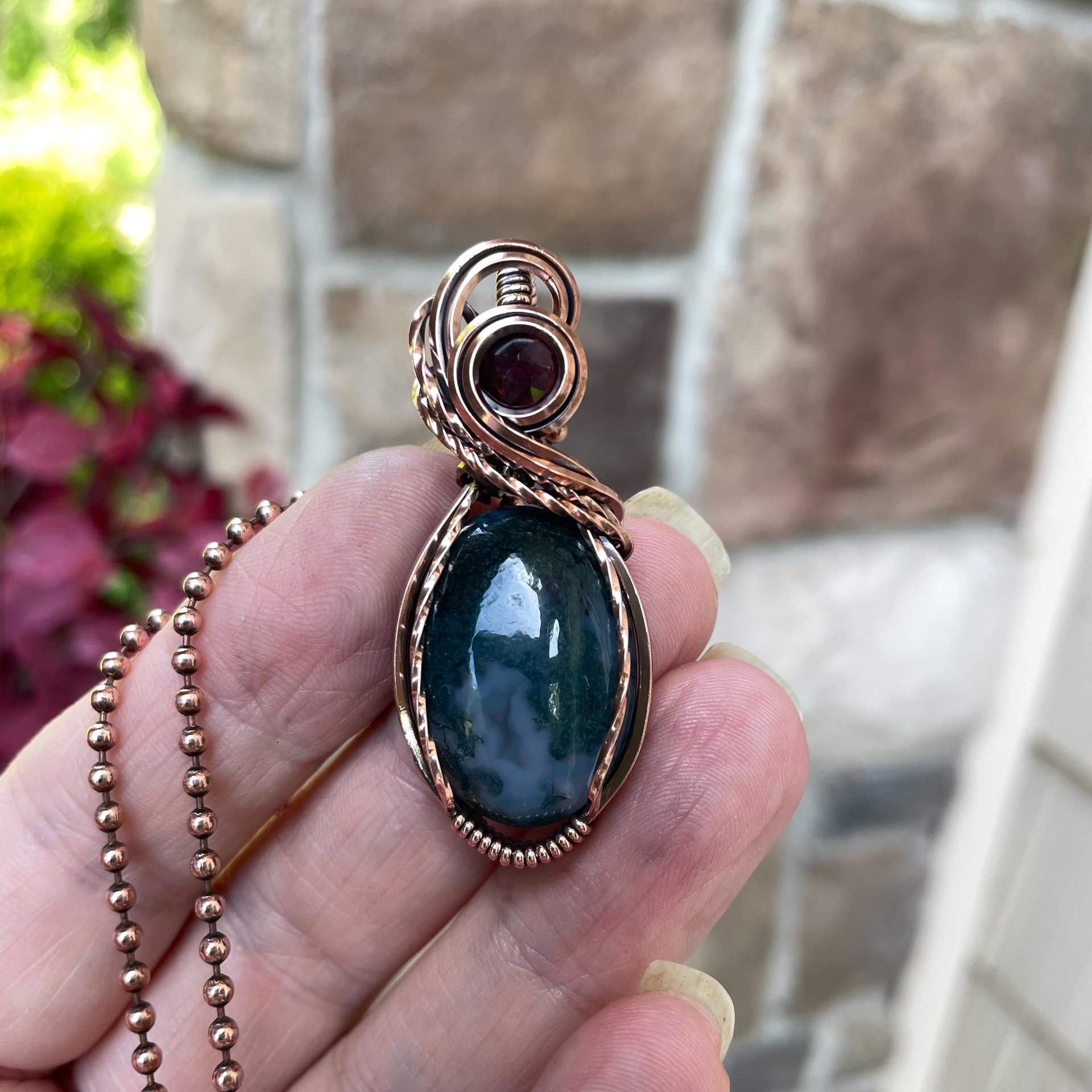 Moss Agate & Garnet Oval Copper Necklace