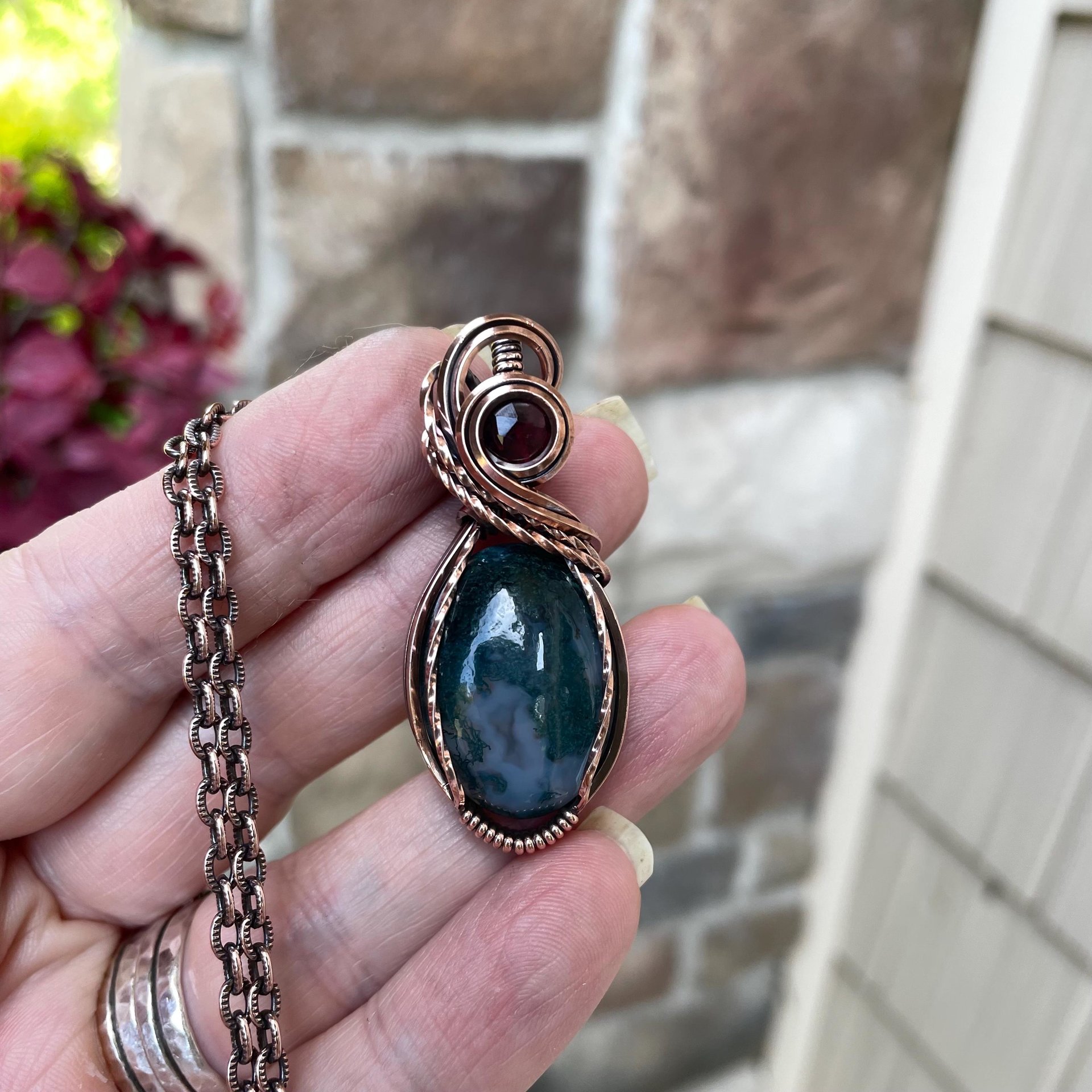 Moss Agate & Garnet Oval Copper Necklace