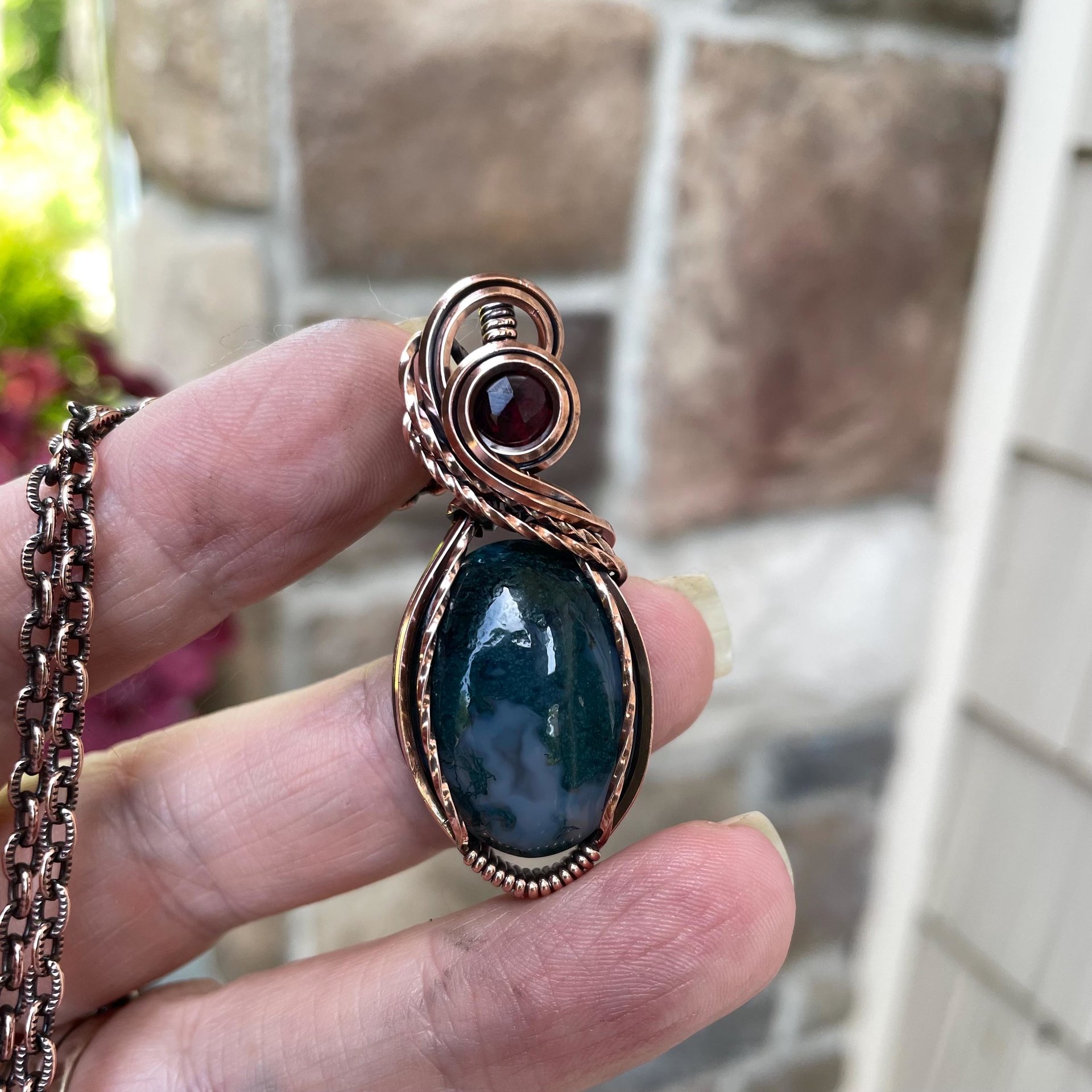 Moss Agate & Garnet Oval Copper Necklace