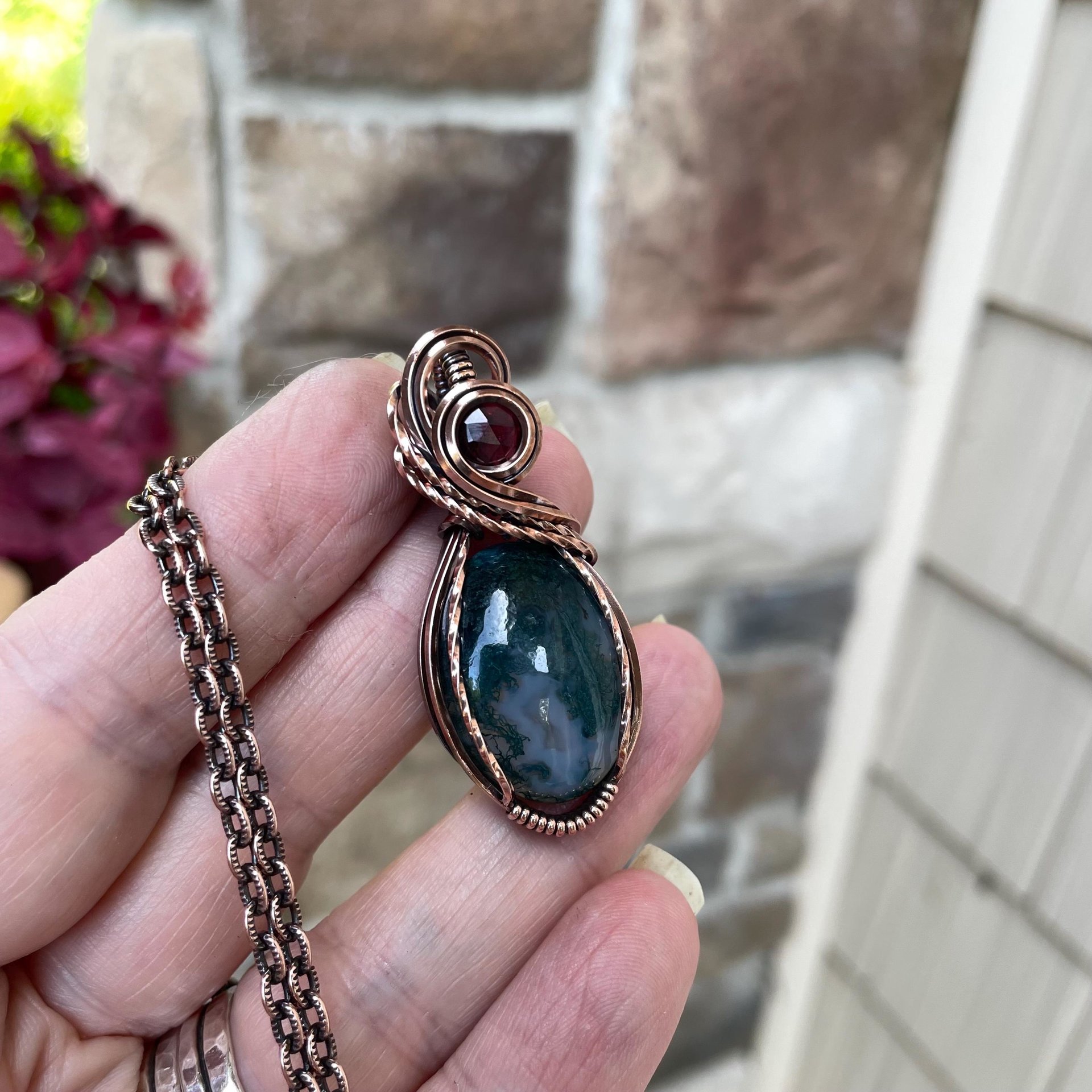 Moss Agate & Garnet Oval Copper Necklace