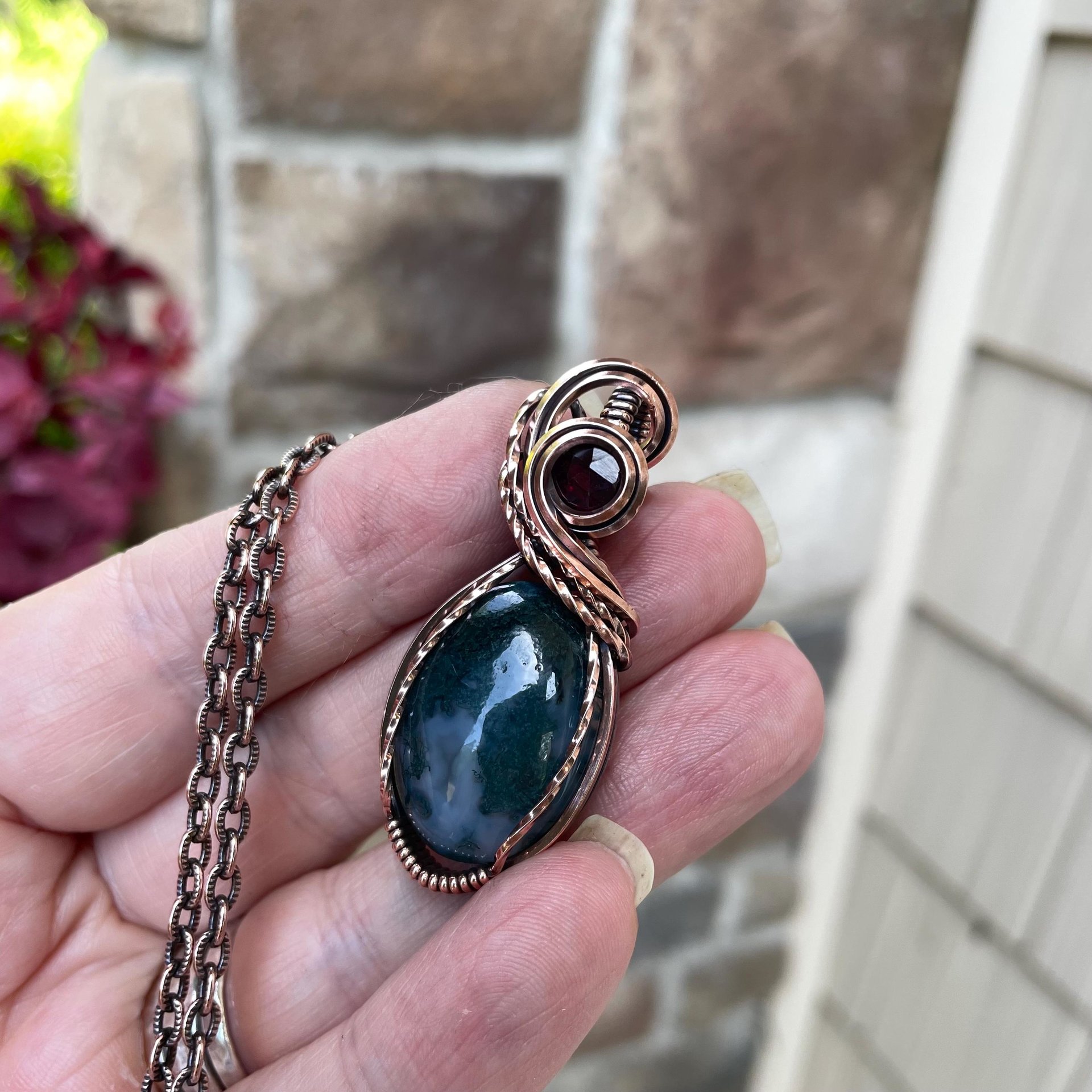 Moss Agate & Garnet Oval Copper Necklace
